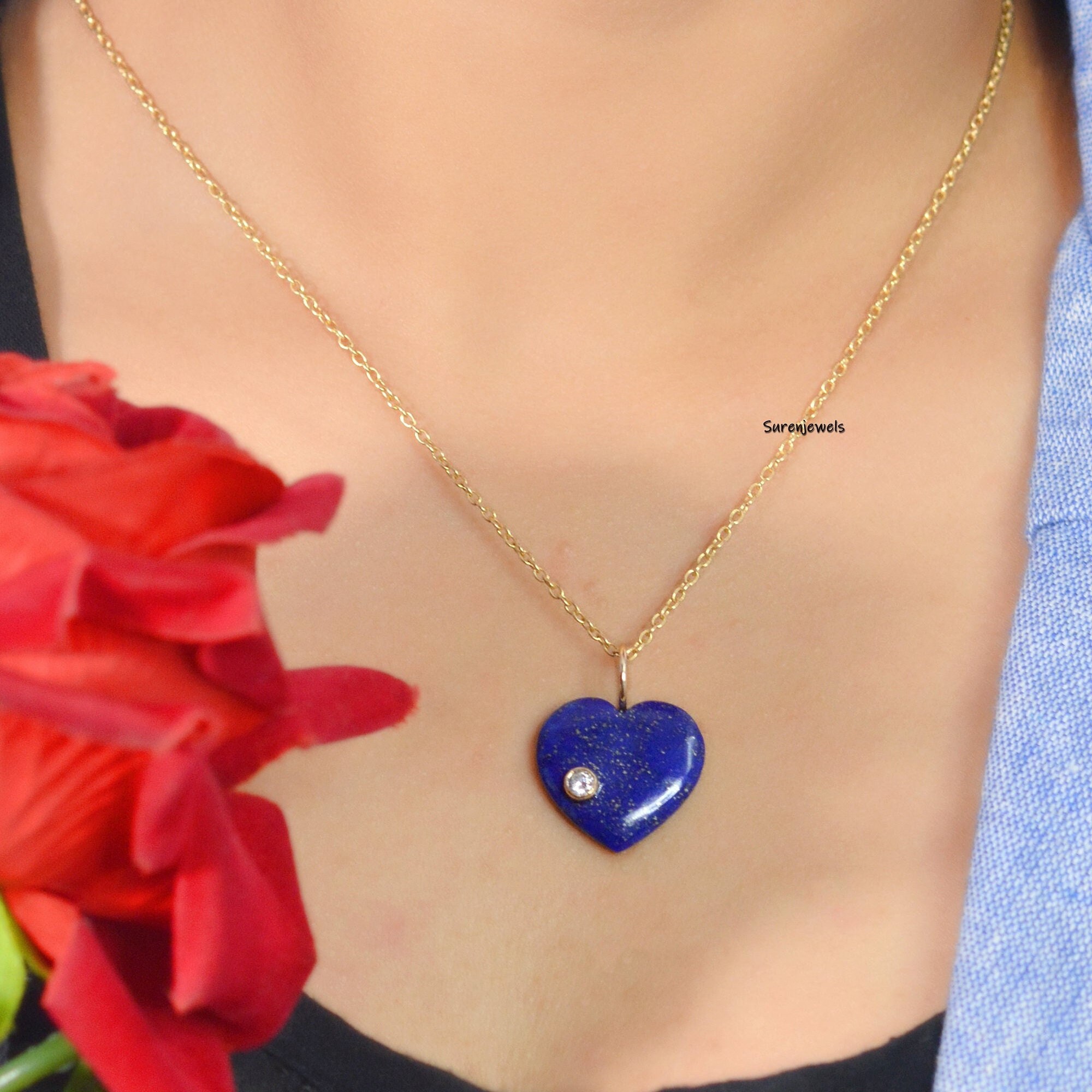 14K Gold Gemstone Heart Pendant, Carved Puffy Heart - View 5 - Suren Jewels | SKU: SJP1060-9KYGLPZWT-20M