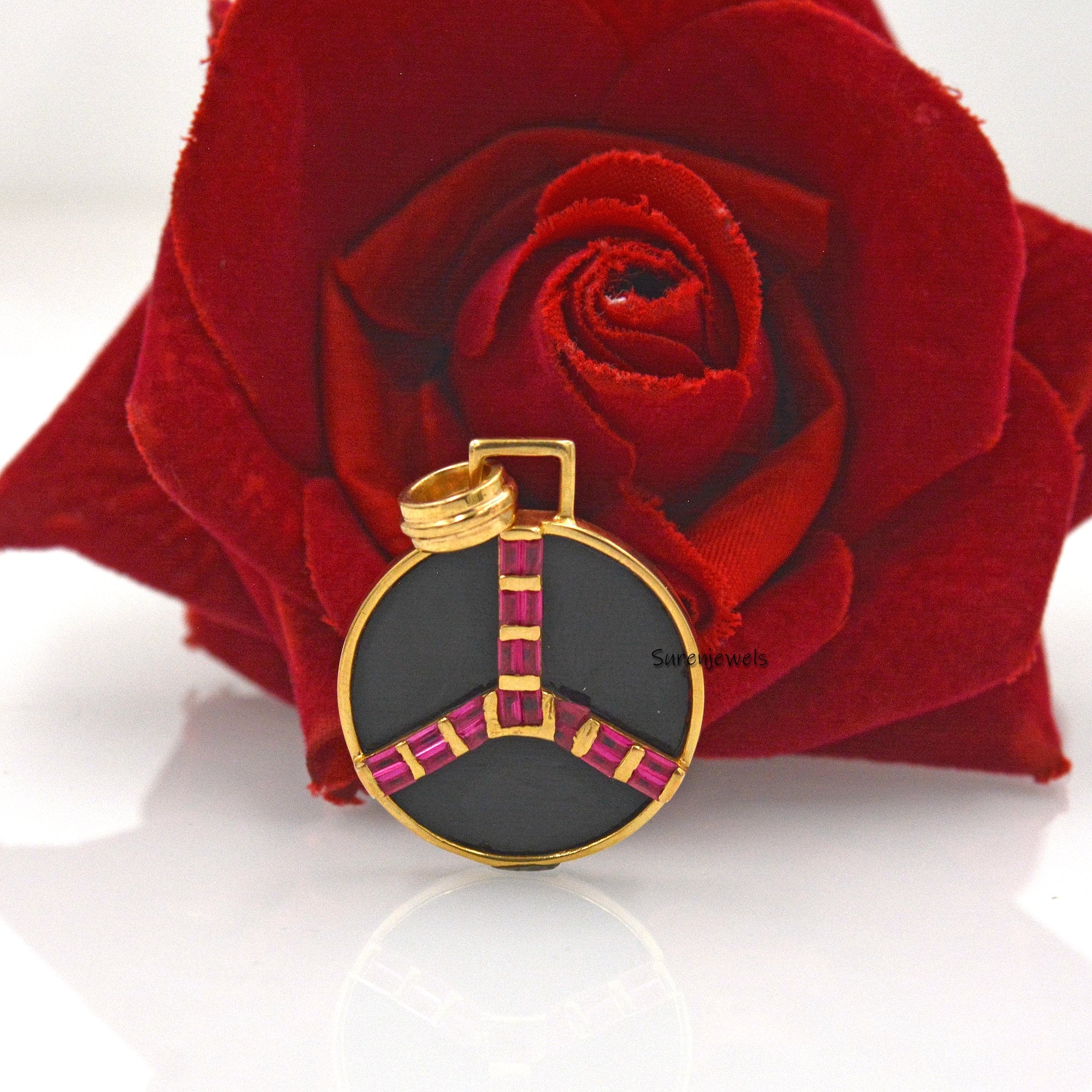14k Gold Gemstone Peace Pendant: Ruby Baguette Accent - View 2 - Suren Jewels | SKU: SJP1695
