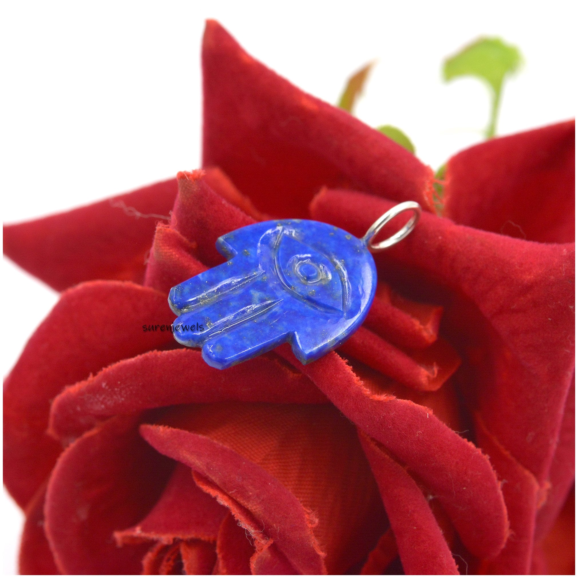 Carved Lapis Lazuli Hamsa Pendant: 14k Gold & Ruby Amulet - View 3 - Suren Jewels | SKU: SJP1390