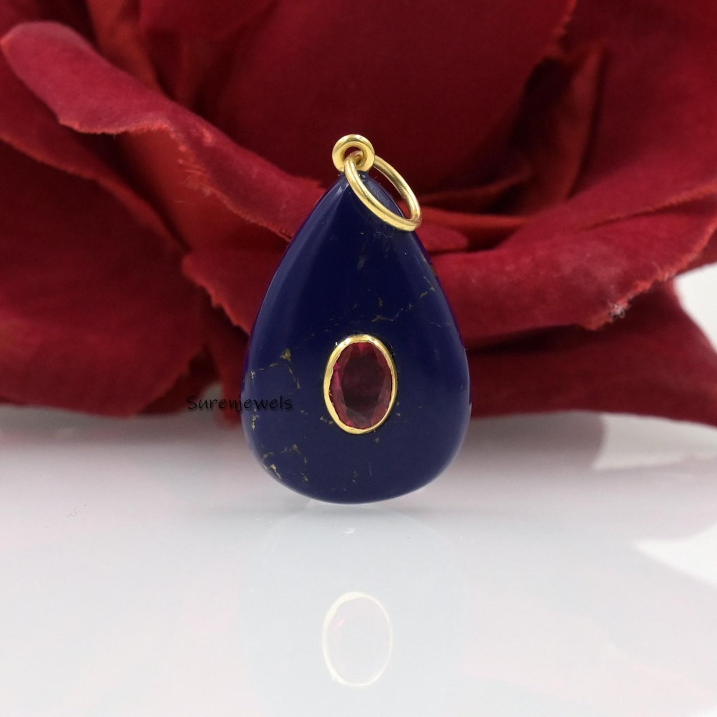 Hand Carved 14k Gold Malachite Drop Pendant, Gemstone Teardrop - View 2 - Suren Jewels | SKU: SJP3192