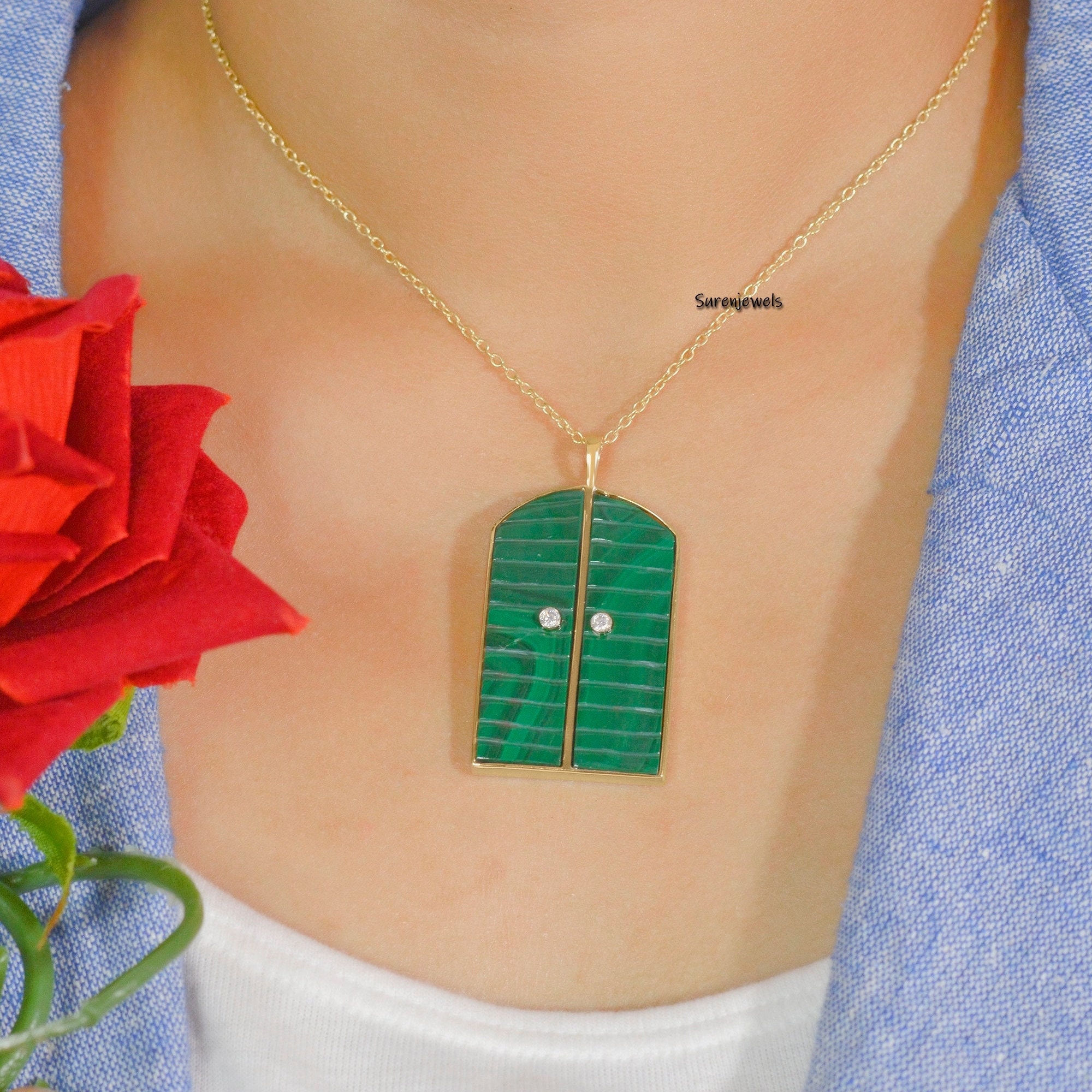 14k Gold Turquoise Door Pendant: Carved Gemstone, Handmade - View 2 - Suren Jewels | SKU: SJP1045-SLYGDITE