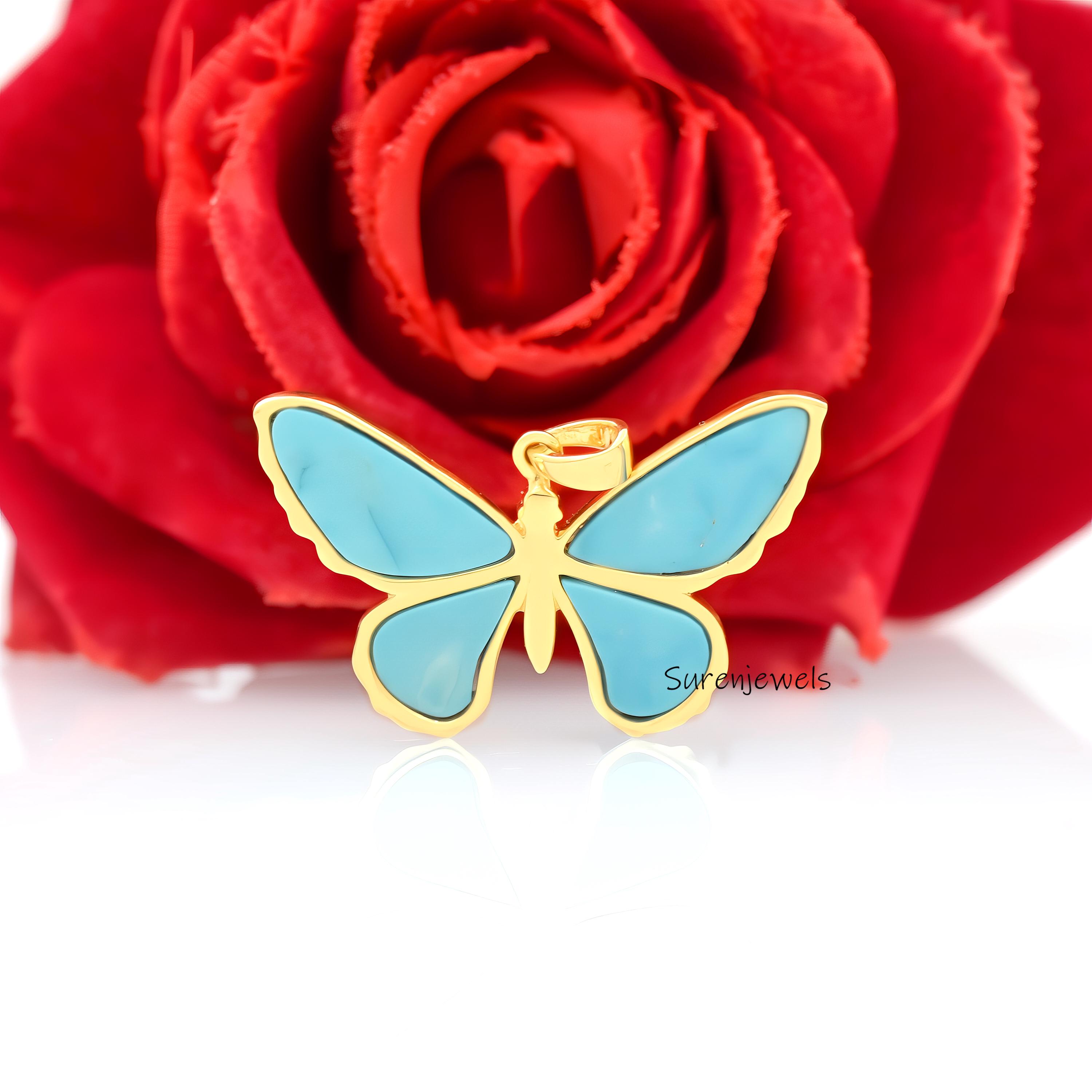 14K Gold Butterfly Charm: Handmade Carved Gemstone Pendant - View 5 - Suren Jewels | SKU: SJP4616-SLYGTL-25M