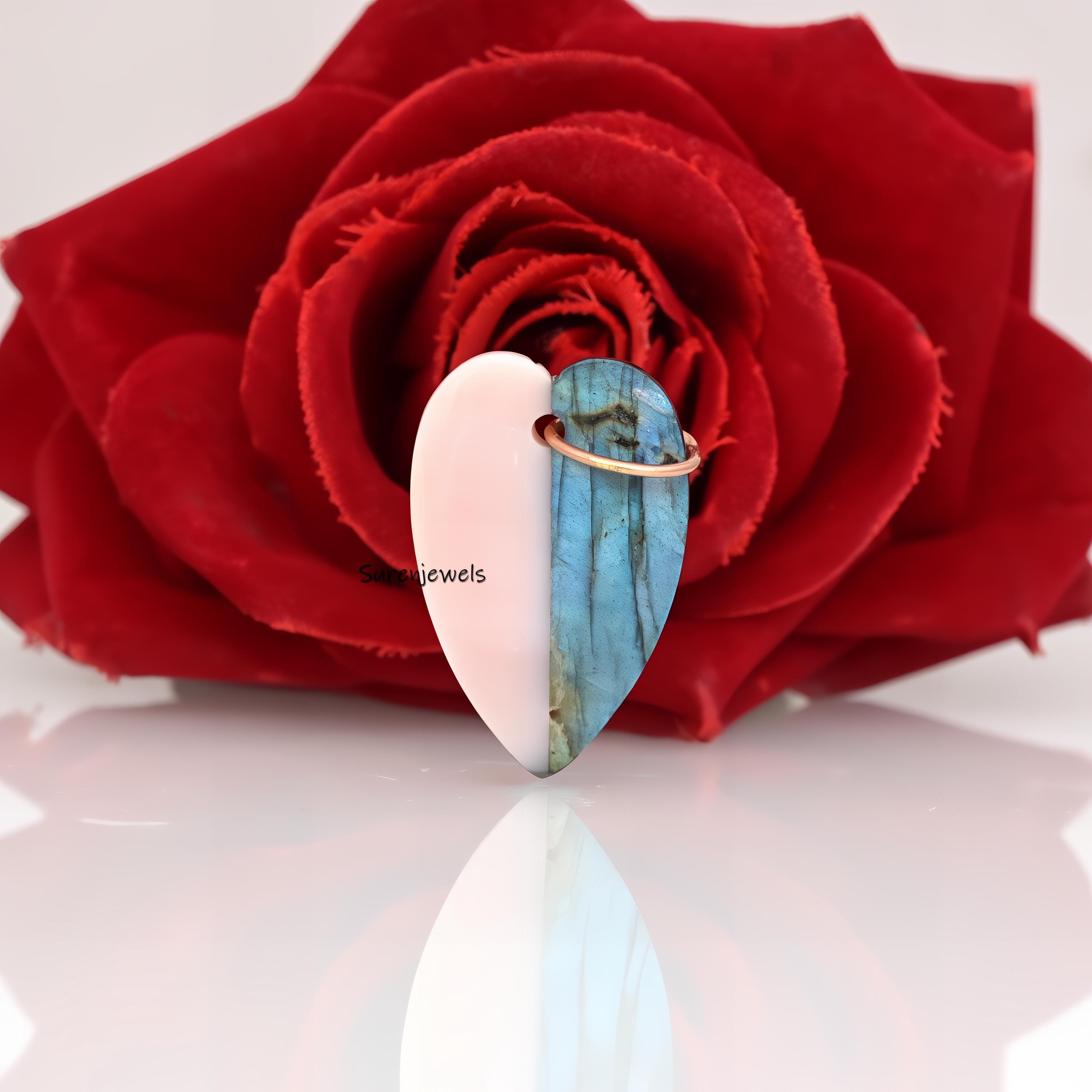 14k Gold Gemstone Heart Letter pendant: Coral & Crystal Love Pendant - View 2 - Suren Jewels | SKU: SJP1619-