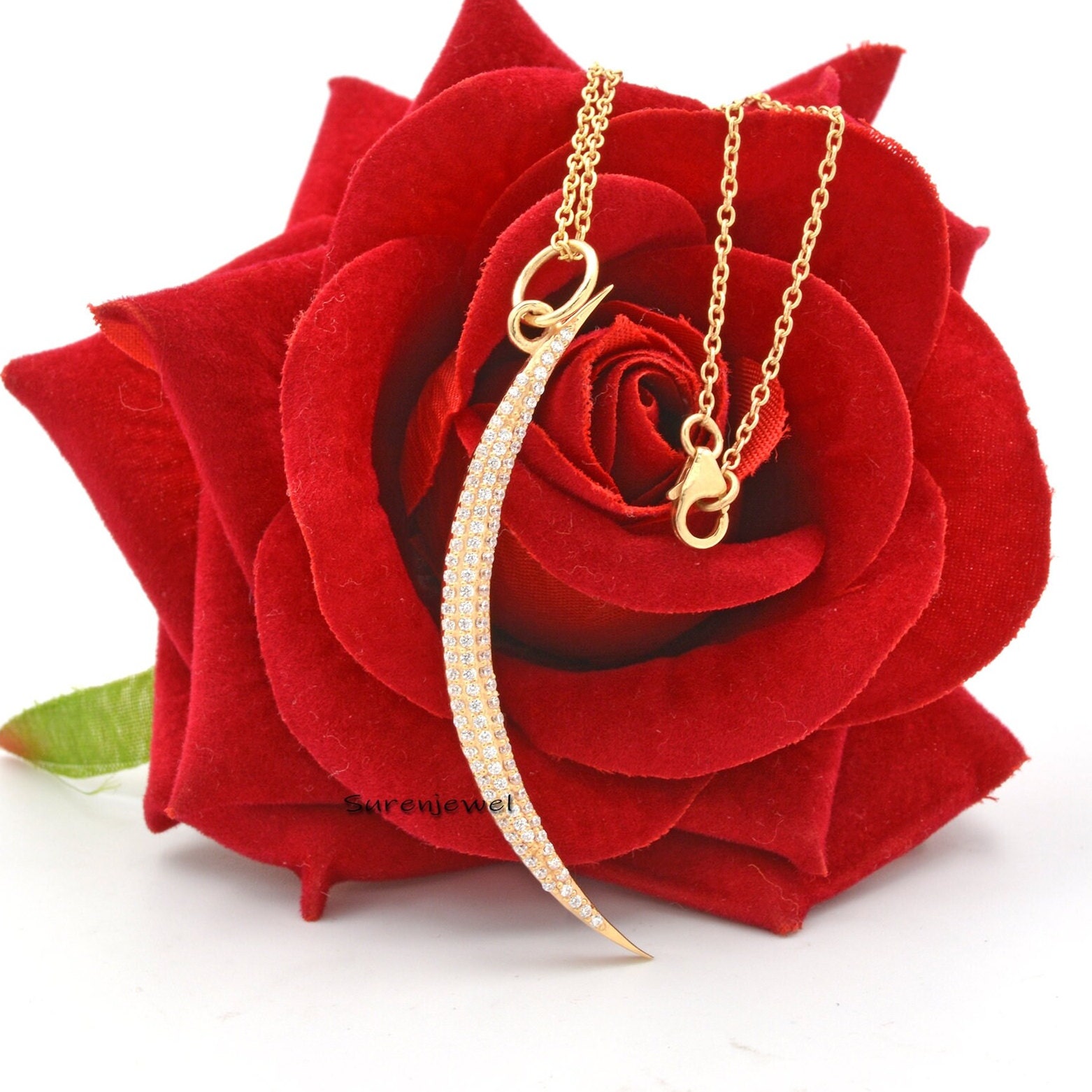 Sterling Silver Half Moon Pendant: Diamond & Sapphire Designer Jewelry - Suren Jewels | SKU: SJP197-SLYGCZ