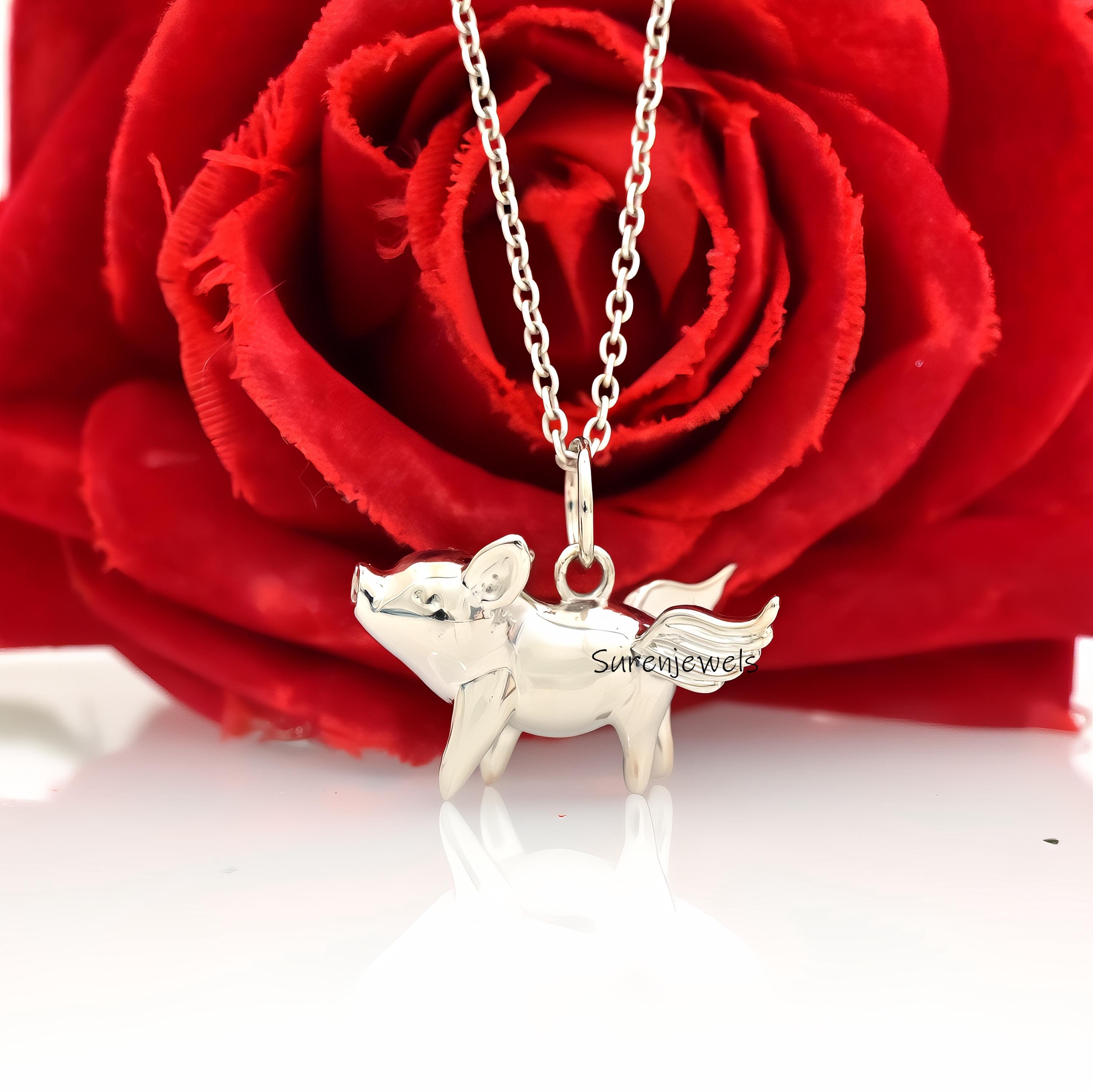 14k Gold Flying Pig Pendant: Solid Gold Animal Jewelry - View 2 - Suren Jewels | SKU: SJP4613-SLWG-20M