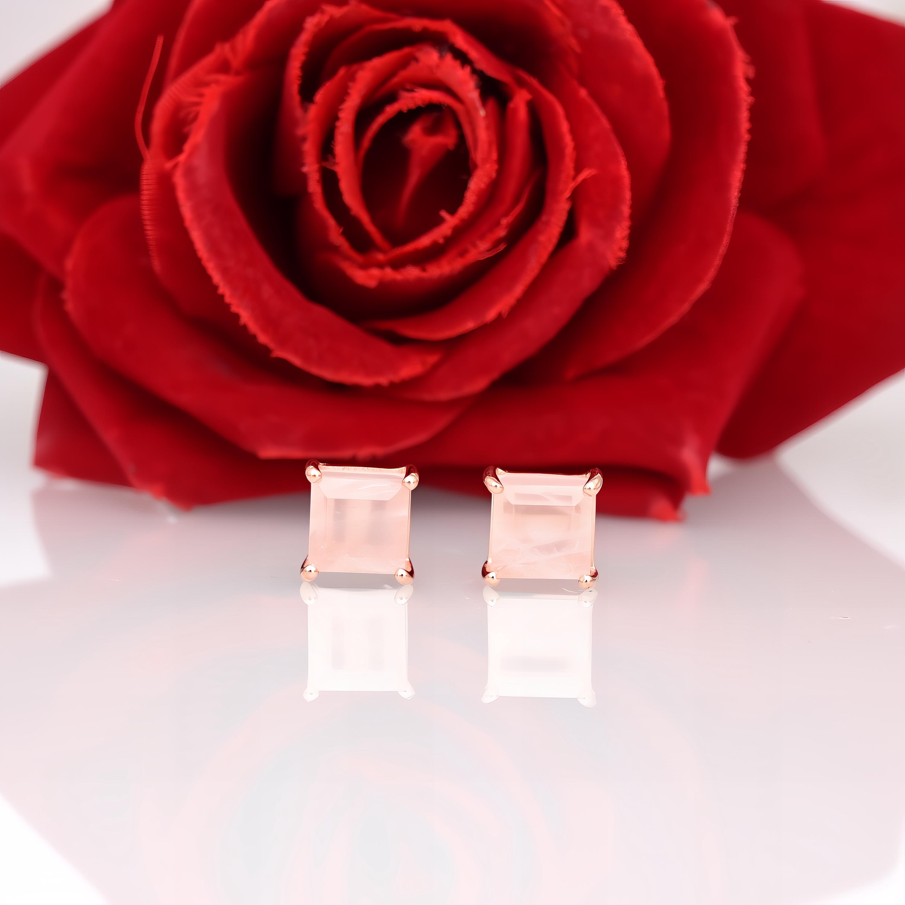 14k Gold Princess Cut Gemstone Stud Earrings: Square Rose Quartz - View 3 - Suren Jewels | SKU: SJE1695-SLRGRQ-10M