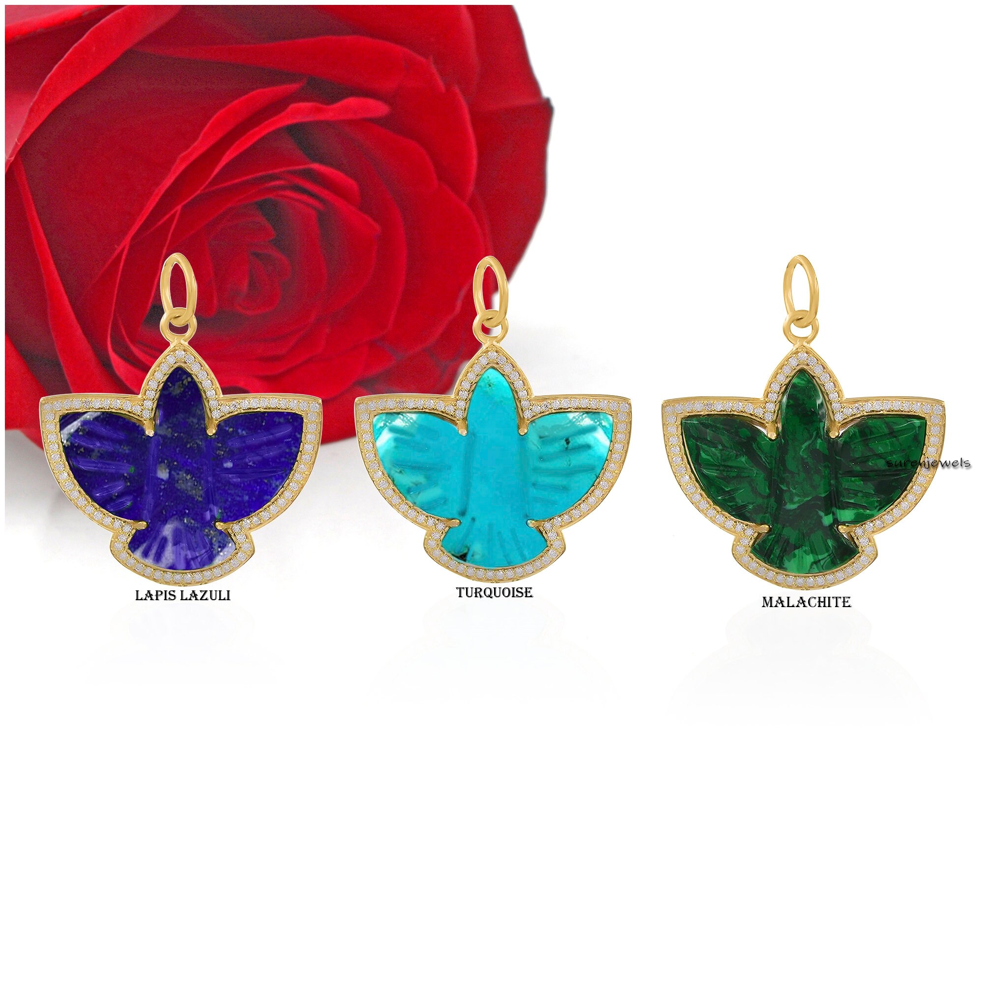 Carved Gemstone Bird Pendant: Designer Flying Swallow Charm - View 4 - Suren Jewels | SKU: SJP1314-SLYGMKMN