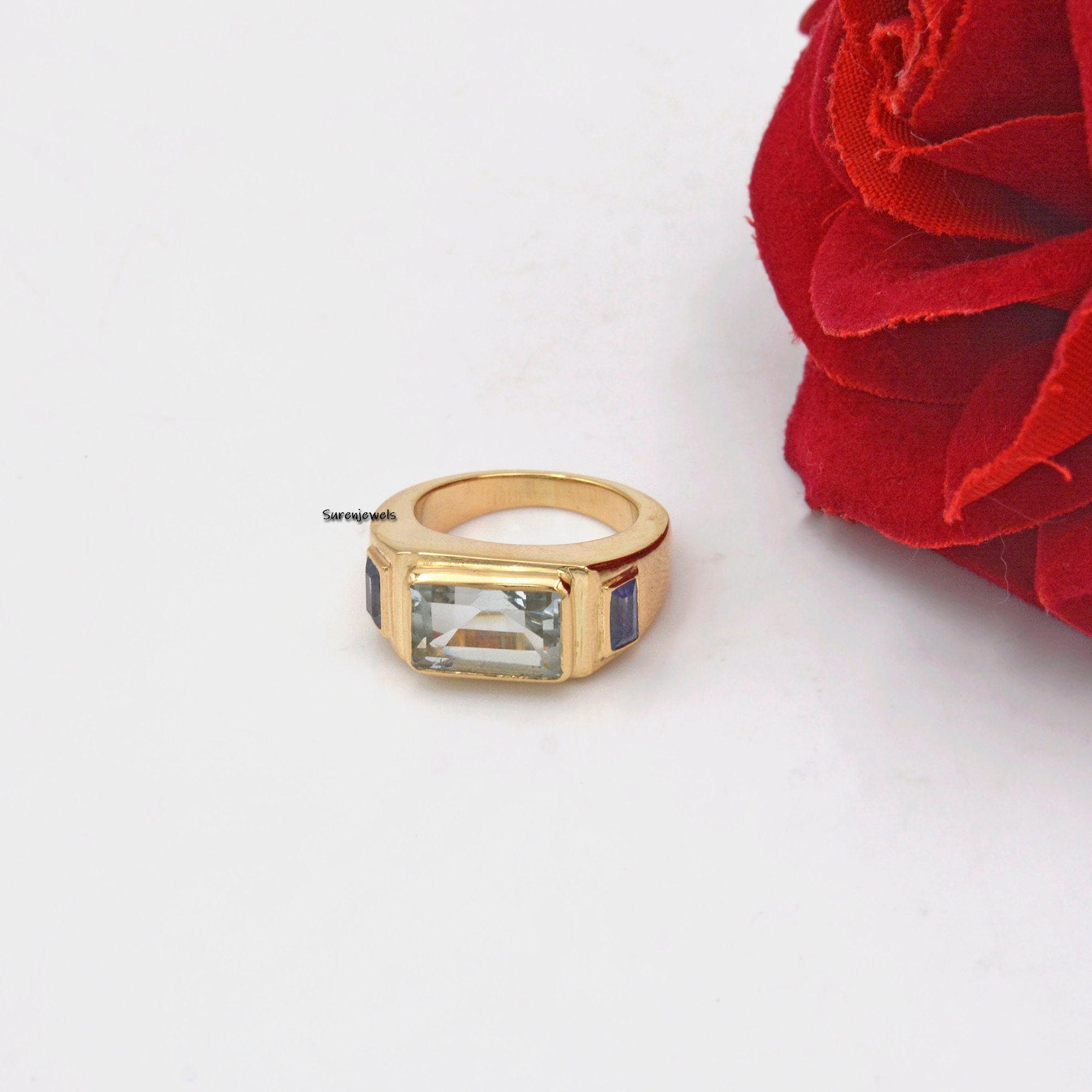 14k Gold Signet Ring: Aqua Quartz & Blue Sapphire Gemstone - View 6 - Suren Jewels | SKU: SJR899 -14KYBSPAQ-US-4