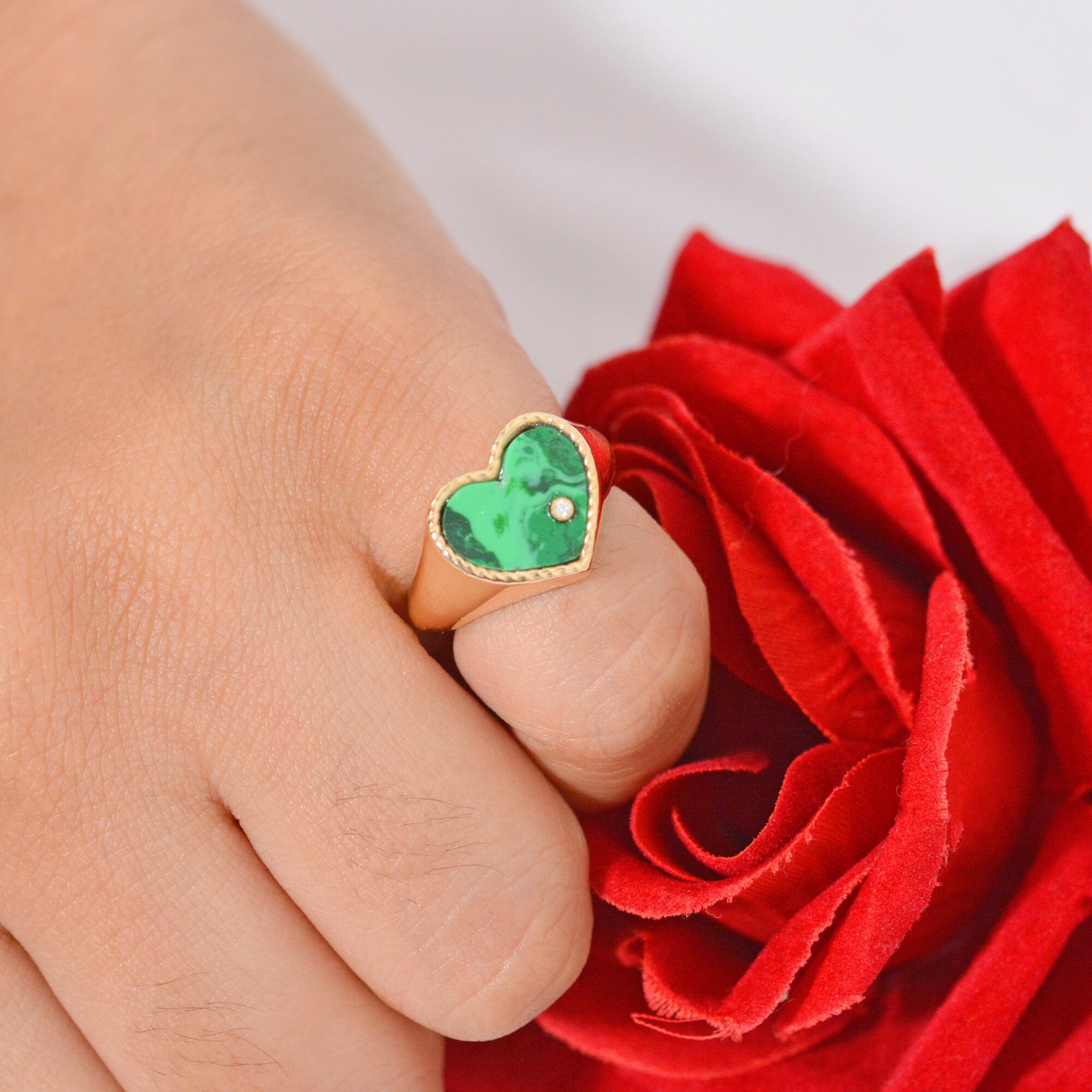14k Gold Heart Signet Ring: Gemstone & White Topaz - View 2 - Suren Jewels | SKU: SJR1017-SLYGMKWT-US-5
