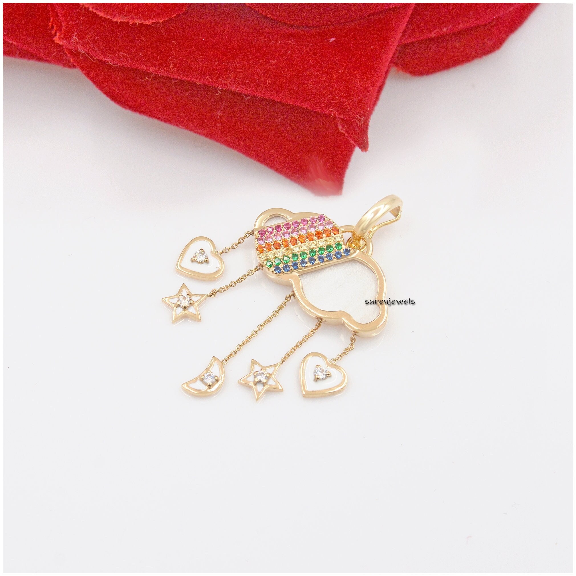 14K Gold Cloud Pendant: Gemstone Star Moon Charm - Suren Jewels | SKU: SJP1307-14KYGMNPLMTCS-25M