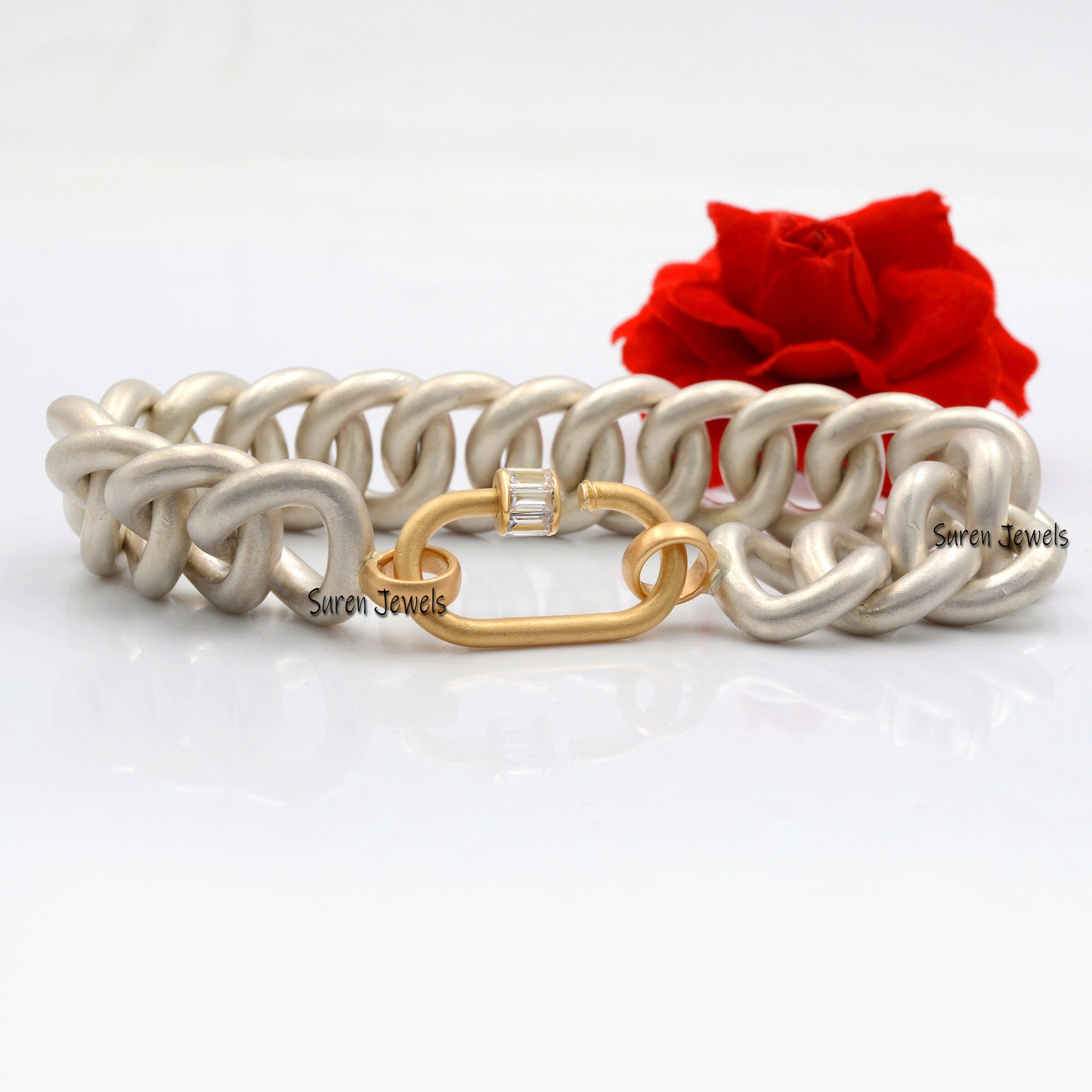 14k Solid Gold Carabiner Lock Bracelet: Chunky Curb Chain, White Topaz - View 7 - Suren Jewels | SKU: MJA554-SLWGYGBTTWT-C136