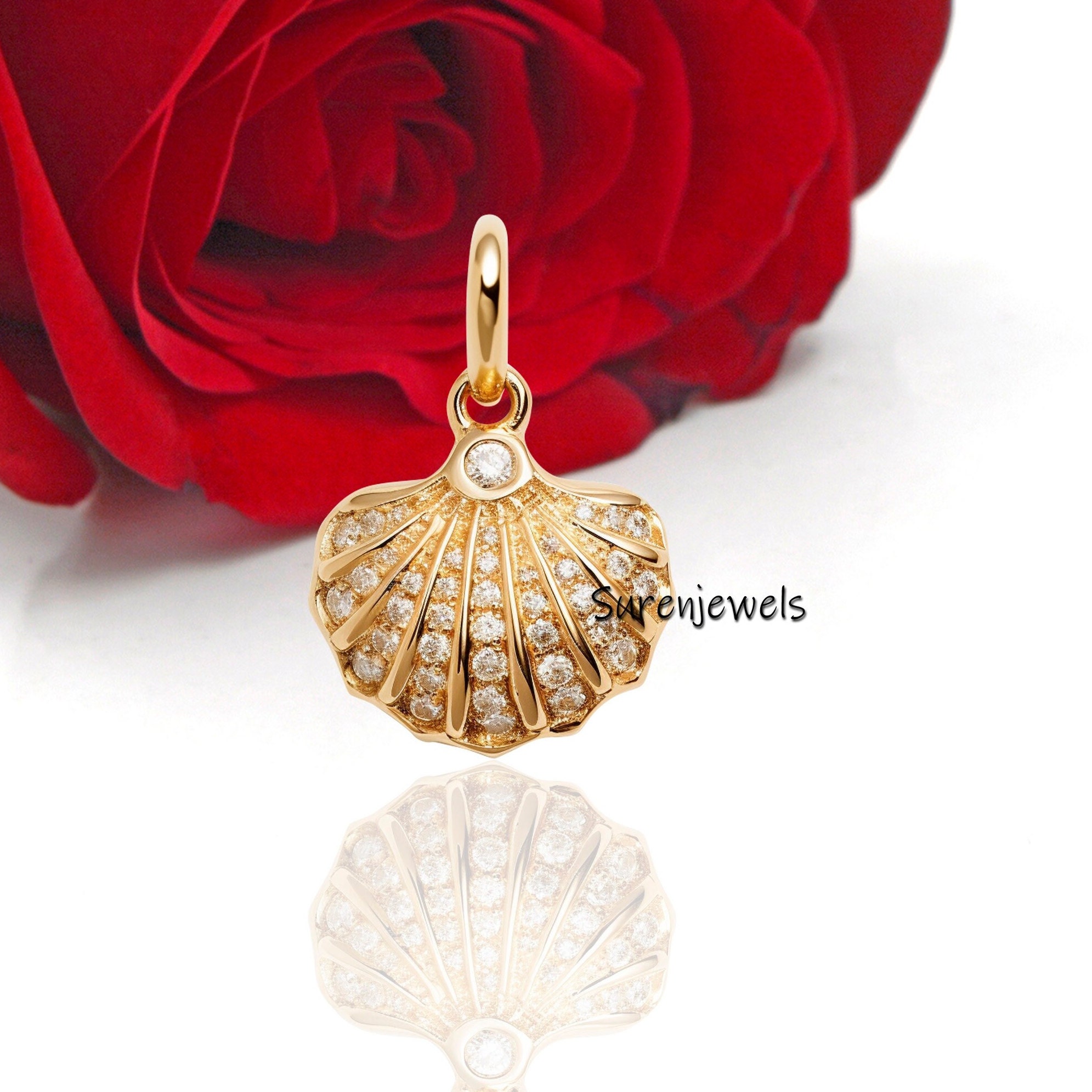 Handmade 14k Gold Scallop Shell Pendant: Dainty Gemstone Beach Jewelry - Suren Jewels | SKU: SJP2593-SLYG