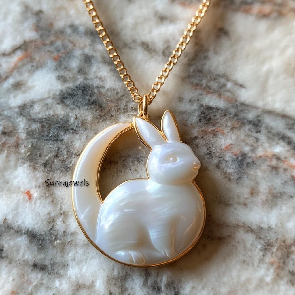 14K Gold Gemstone Carved Rabbit Pendant (30mm) - View 2 - Suren Jewels | SKU: SJP4429-SLWGOP-30M,SJP4334-SLYGMOP-25M,SJP4428-