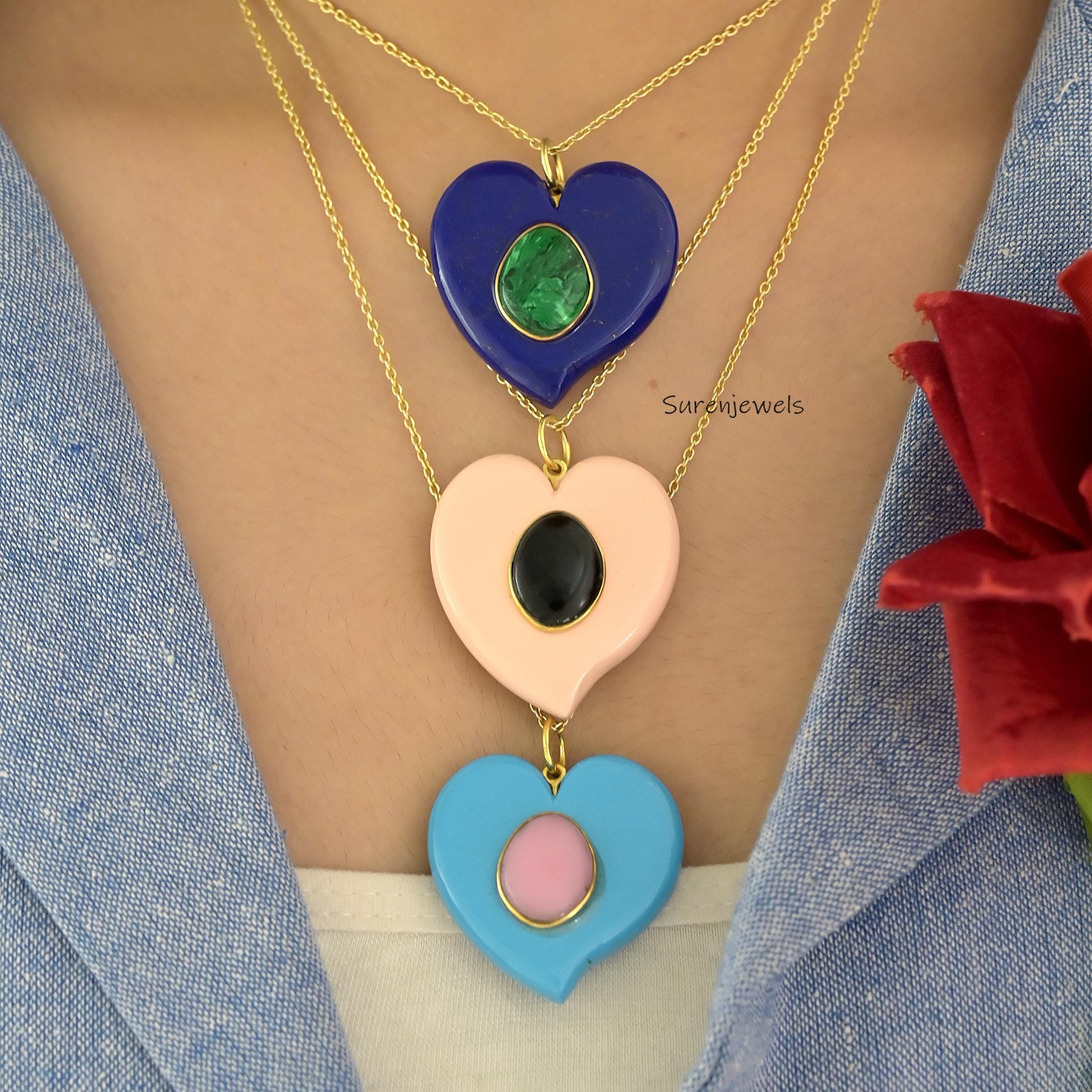 14K Gold Gemstone Heart Pendant, Double Gemstone Heart Charm, Designer Heart Pendant, Handmade Malachite Heart Charm, Carved