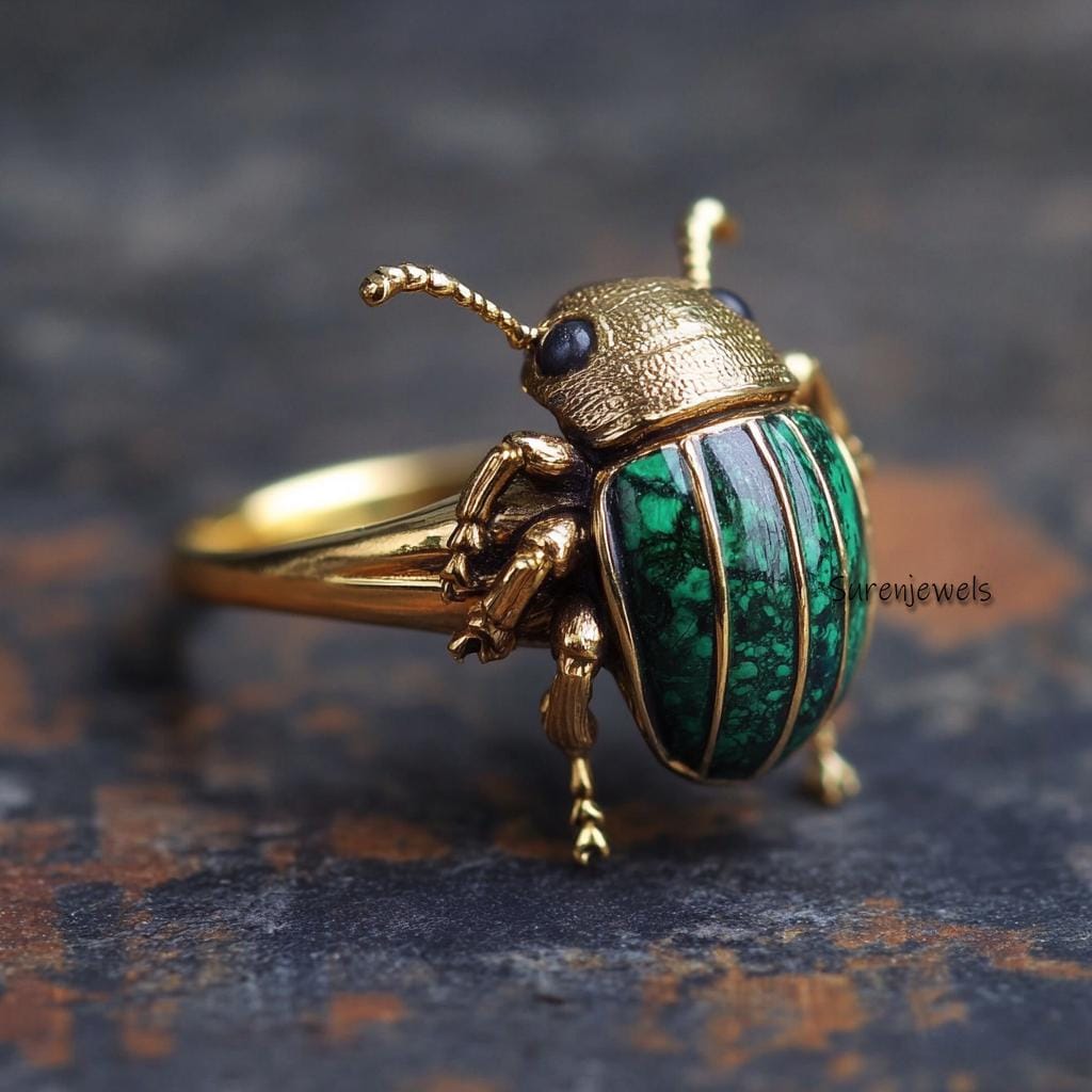 14k Gold Malachite Scarab Ring: Hand Carved Amulet - View 4 - Suren Jewels | SKU: SJR2803-SLYGMKBKCZ-US-7,SJR2809-SLNSLBBKCZ-