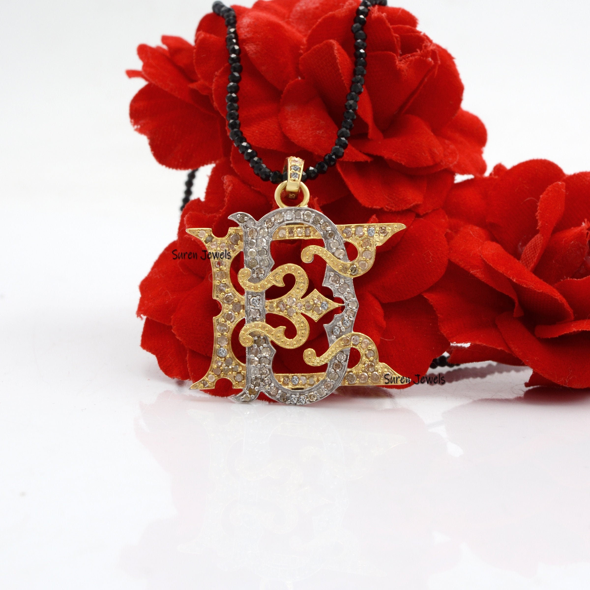 Diamond Monogram Pendant: Two-Tone 925 Silver Pave Initial - Suren Jewels | SKU: SJP540-SLYGWGDI-SW