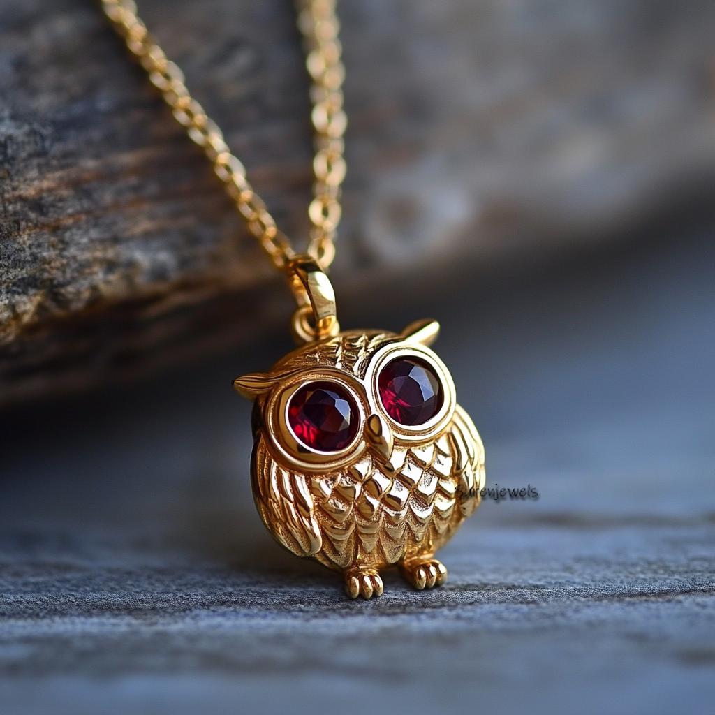 Garnet Owl Pendant: Carved Gemstone Charm - View 2 - Suren Jewels | SKU: SJP5319-SLYGGT-22M