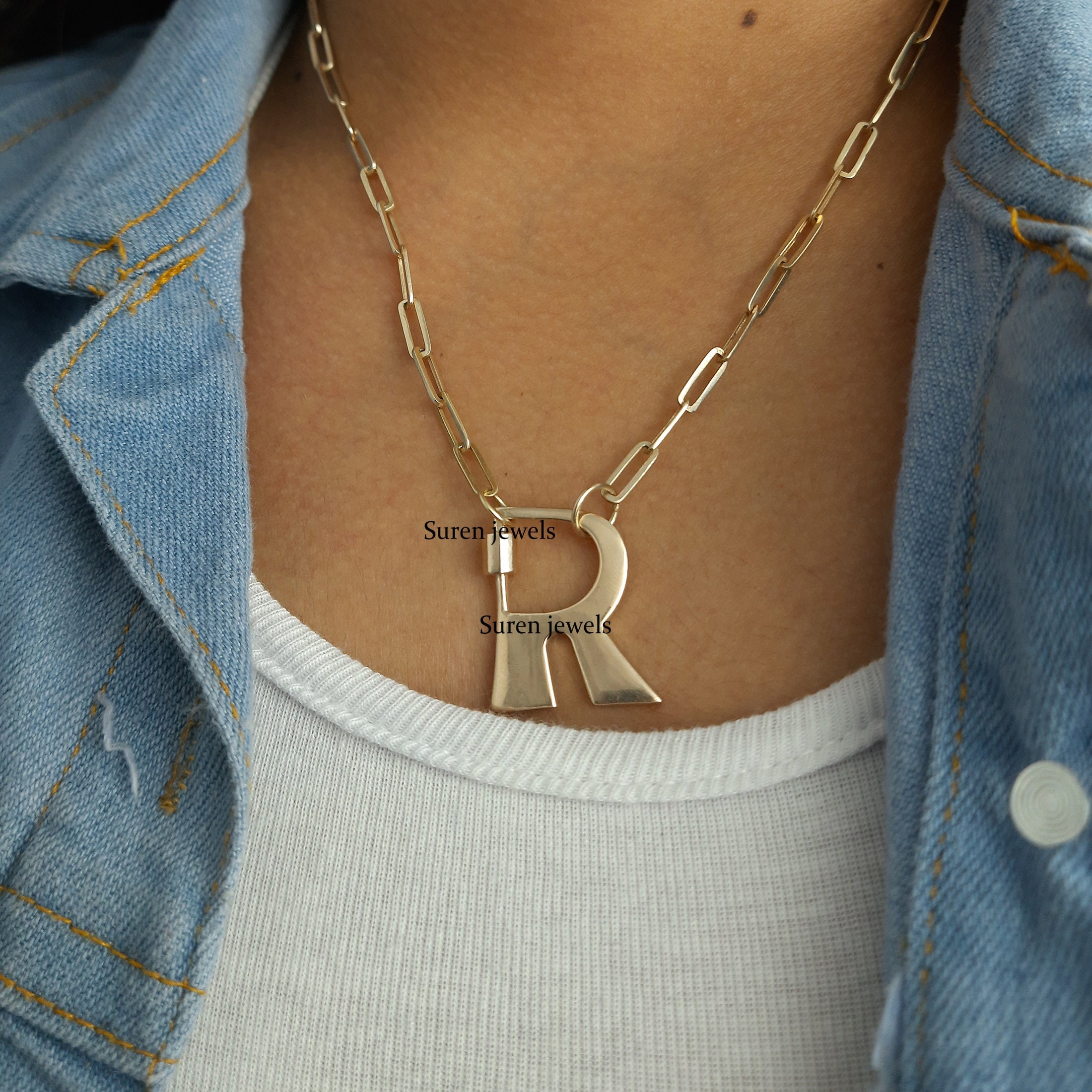 925 Silver Initial Carabiner Lock Necklace: Custom Letter A-Z - View 6 - Suren Jewels | SKU: SJC88-SLYG-R-N47-18I-925