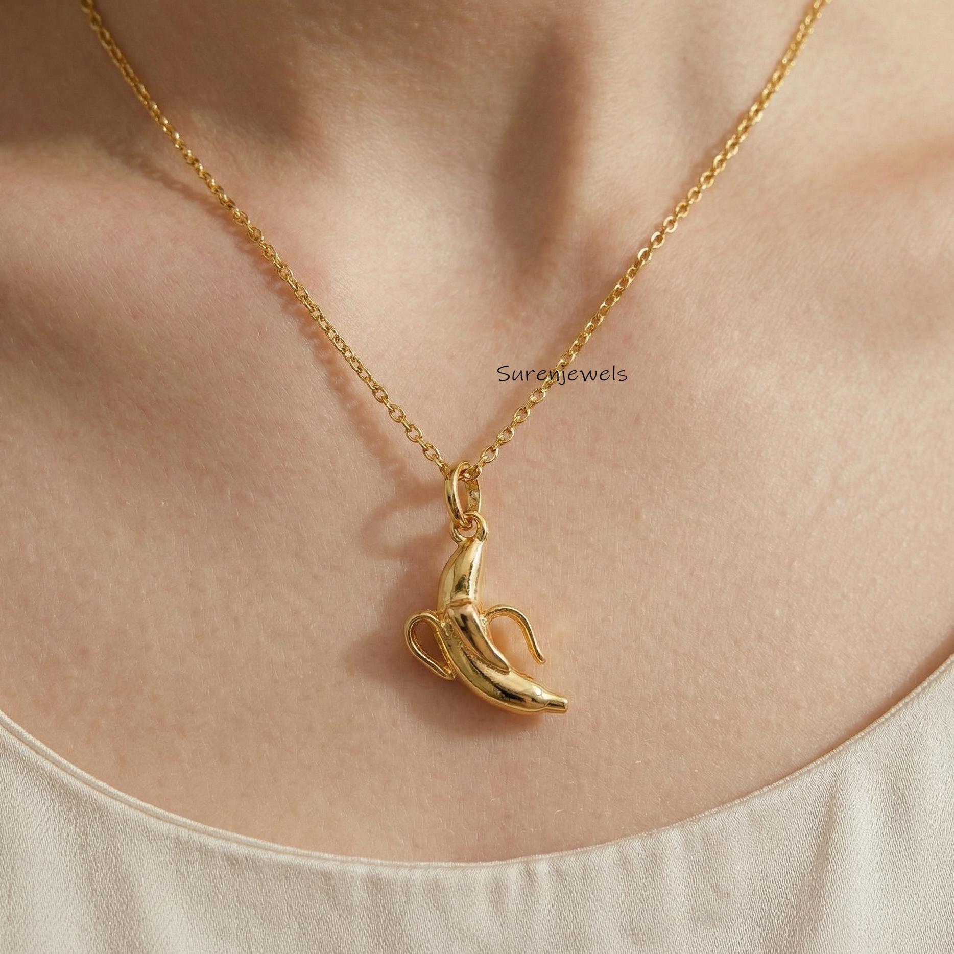 925 Sterling Silver Peeled Banana Pendant 14K Gold Vermeil Fruit Necklace Fun Foodie Jewelry - Suren Jewels | SKU: SJP