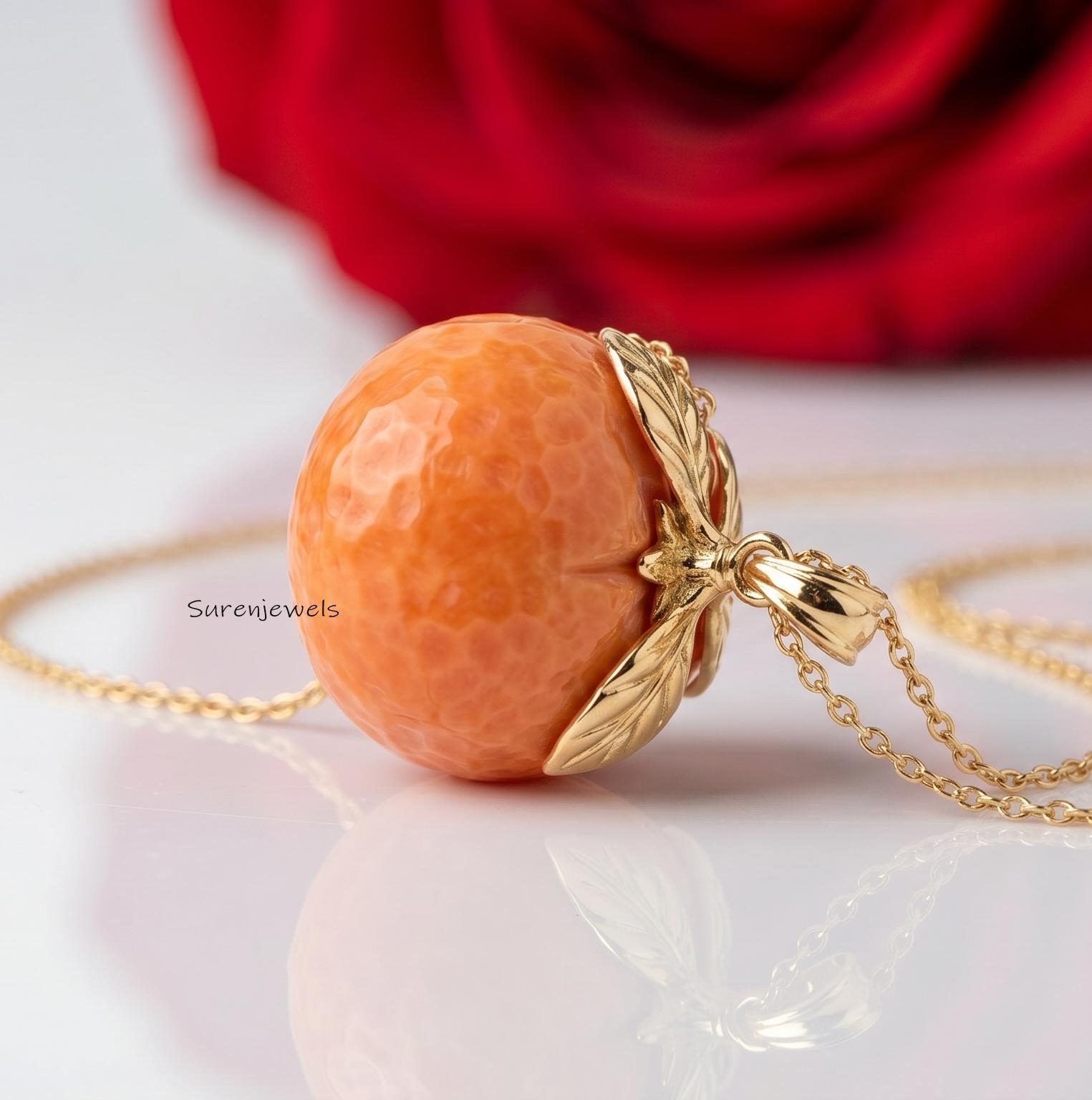 Hand Carved Orange Carnelian Fruit Pendant, Handmade Designer - View 2 - Suren Jewels | SKU: SJP