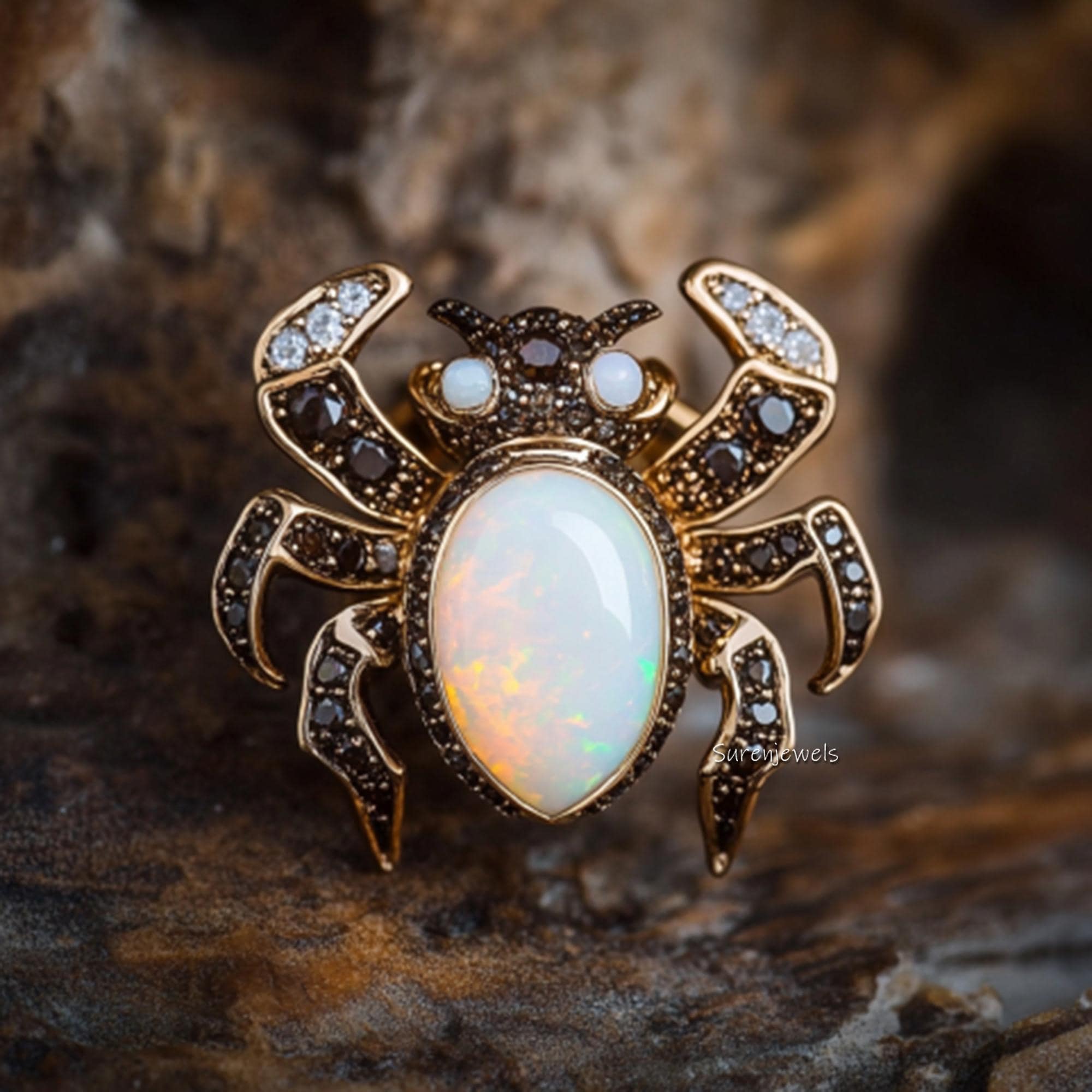 Opal Beetle Earrings, Unique Insect Statement Earrings, Gold Gemstone Bug Earrings, Nature Inspired Jewelry, Luxury Statement