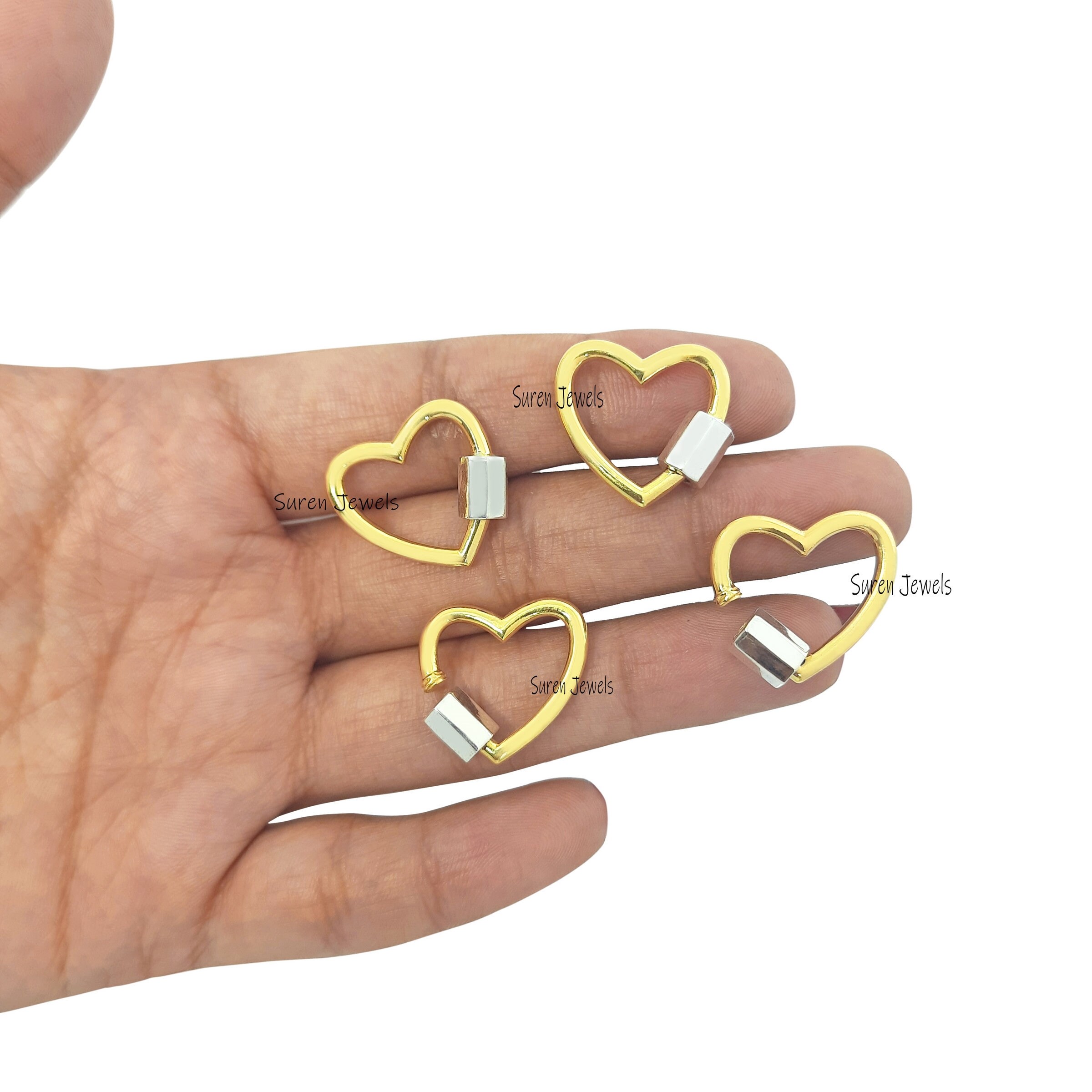 925 Silver Heart Carabiner Lock: Yellow Gold Plated Screw Clasp (20mm) - View 4 - Suren Jewels | SKU: SJC27-SLYGNS-20M