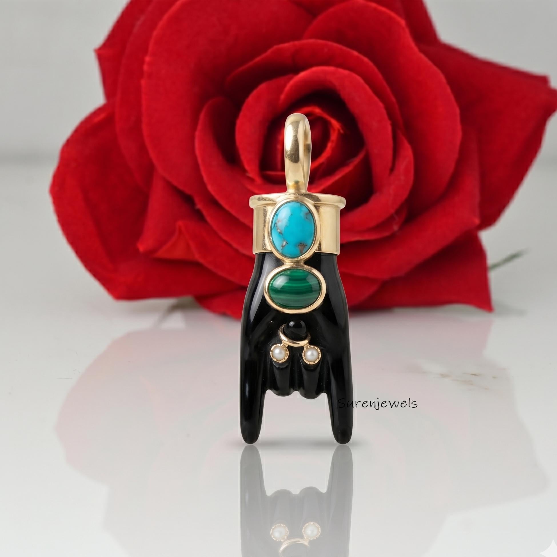 14k Gold hand Carved Gemstone Figa Hand Pendant, Gemstone Figa Pendant, Coral Figa Hand Pendant - View 5 - Suren Jewels | SKU