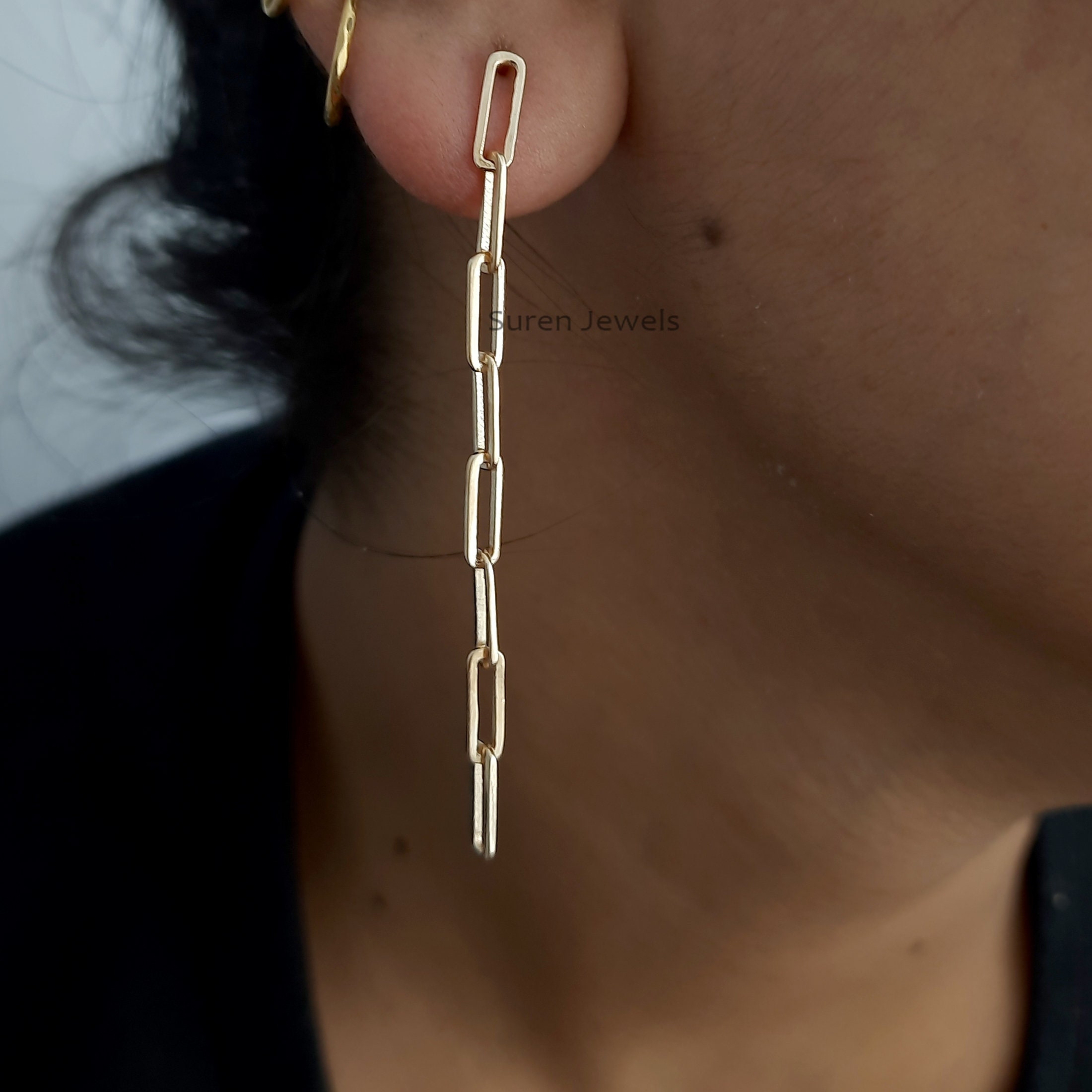 Silver Paperclip Chain Earrings, Silver Link Chain Earrings, Paperclip Chain Earrings, Silver Chain Earrings - View 5 - Suren