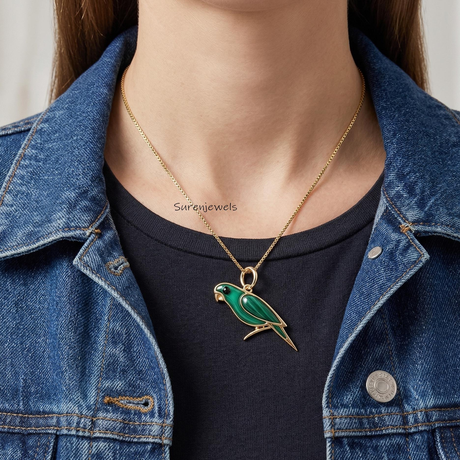 14k Gold Gemstone Parrot Pendant, hand Carved Animal Jewelry - Suren Jewels | SKU: SJP