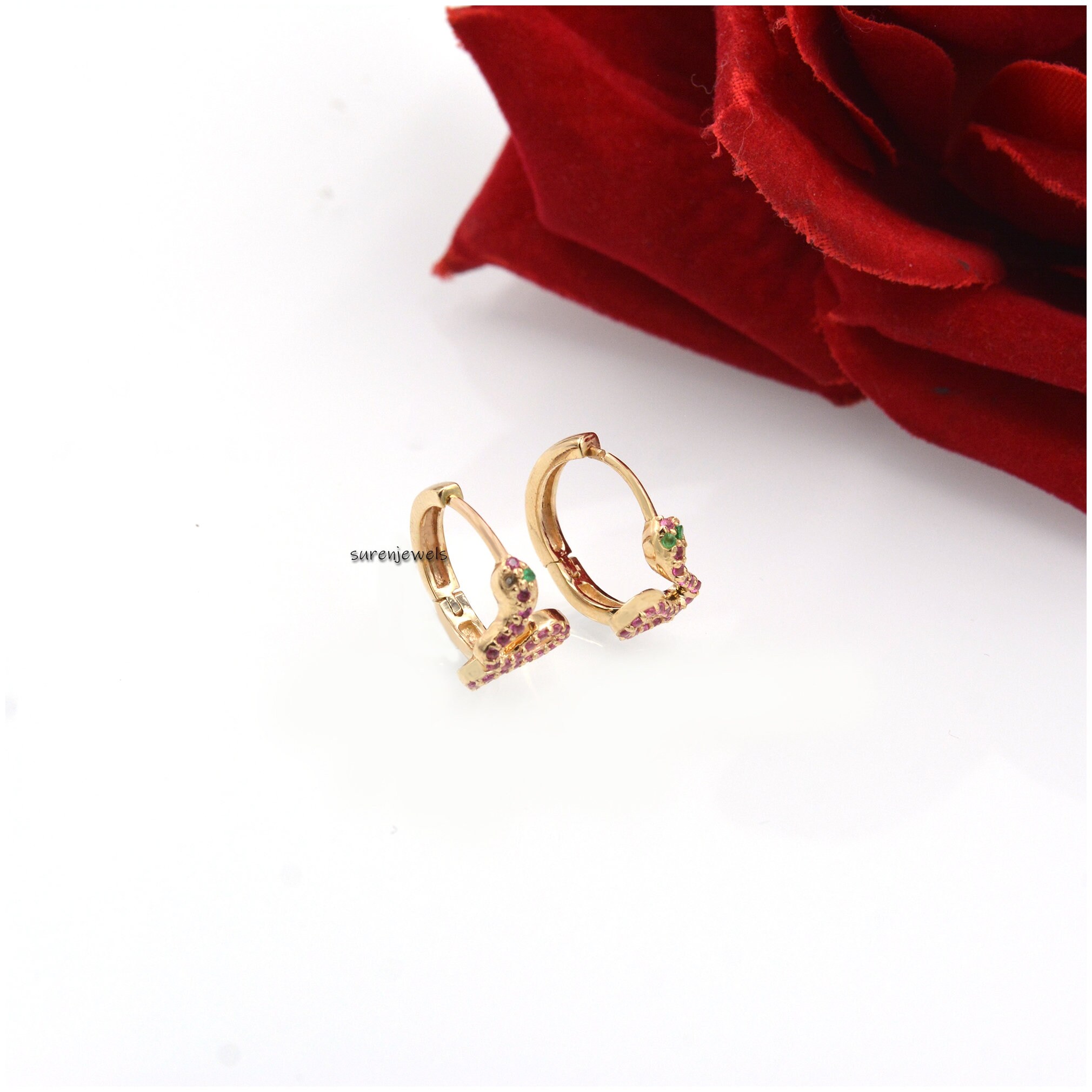 925 Silver Snake Huggies: Diamond & Emerald Gemstone Hoops - View 4 - Suren Jewels | SKU: SJE998-9KYGCZEM-15M