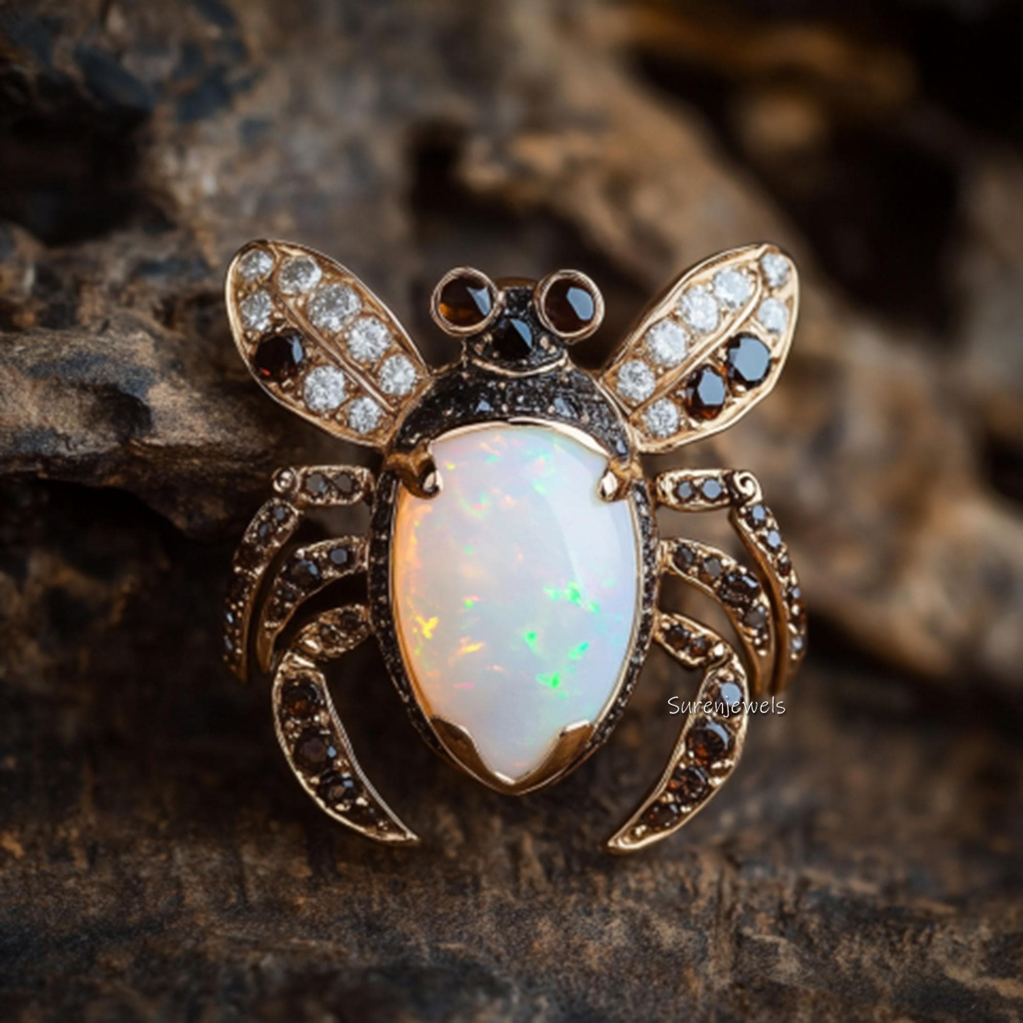 Opal Beetle Earrings, Unique Insect Statement Earrings, Gold Gemstone Bug Earrings, Nature Inspired Jewelry, Luxury Statement
