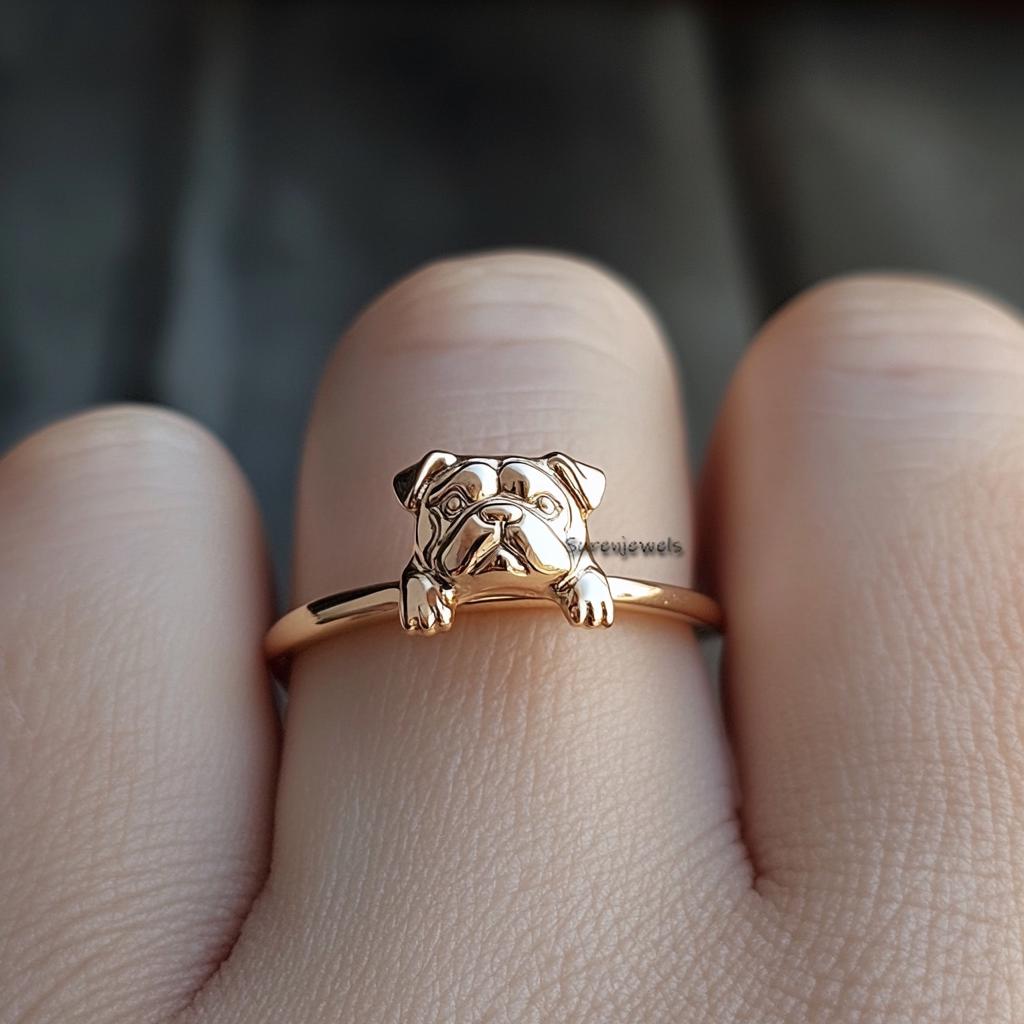 14k Gold Bulldog Ring: Delicate Animal Jewelry - View 4 - Suren Jewels | SKU: SJR,SJR3109-SLYGBKCZ-US-8