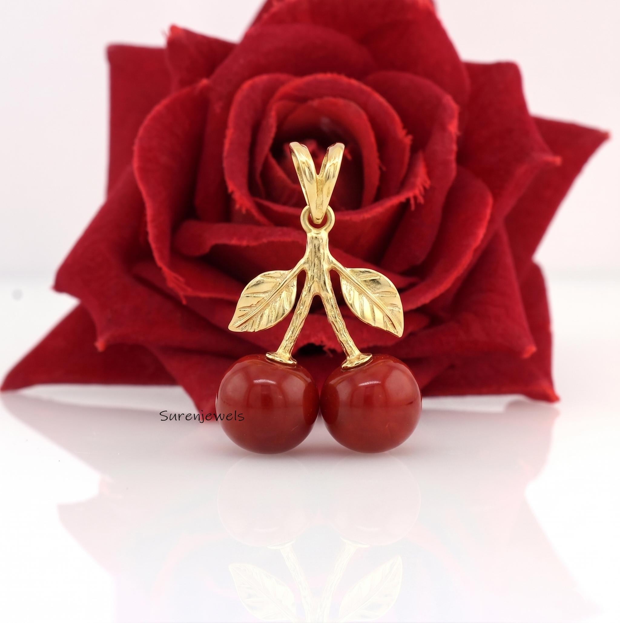 14K Gold Plated Cherry Pendant, Natural Red Carnelian Cherry Necklace, Fruit Charm Jewelry, Cute Handmade Gift for Her - Sure