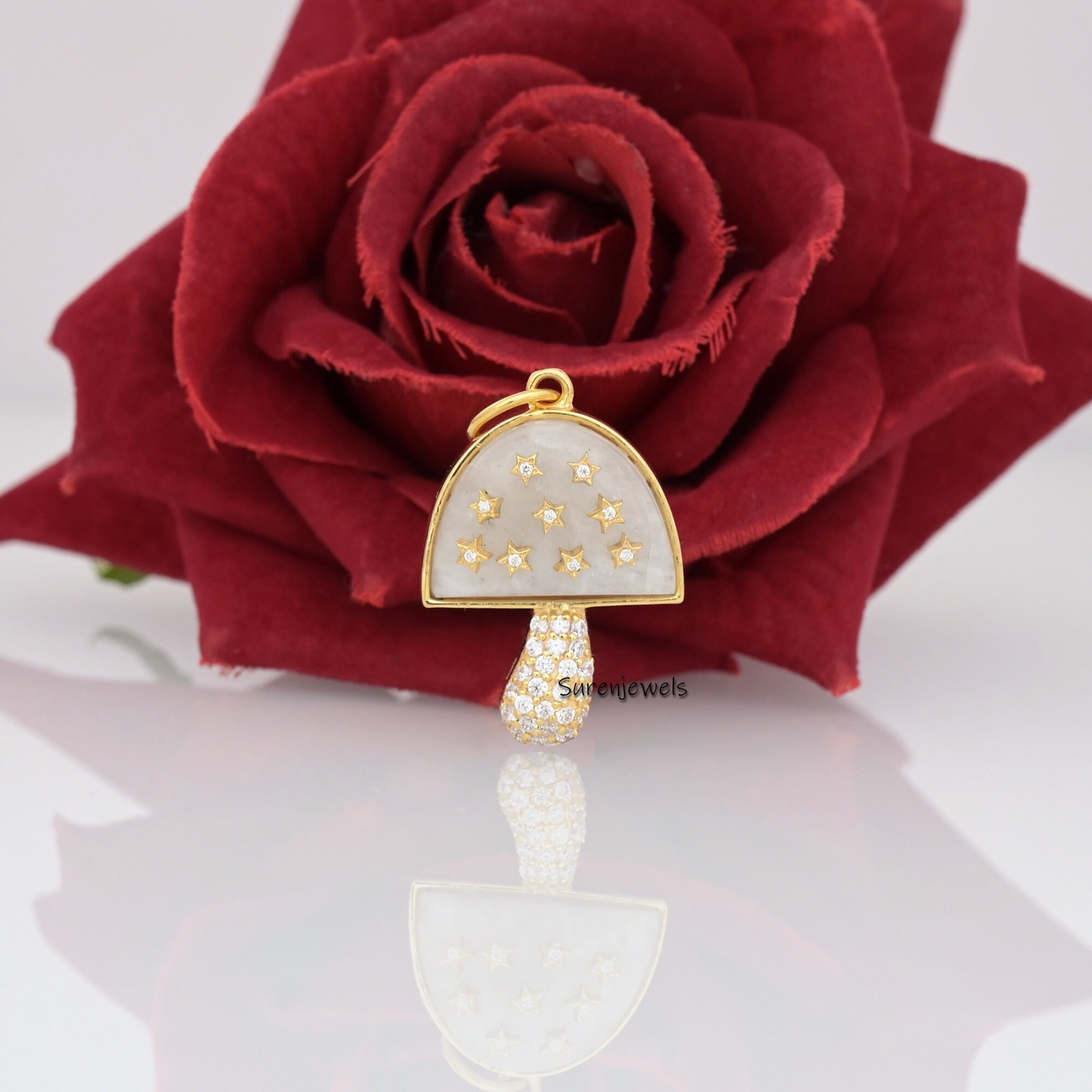 14k Solid Gold Mushroom Pendant: Pave Gemstone Magic Jewelry - View 6 - Suren Jewels | SKU: MJM68-