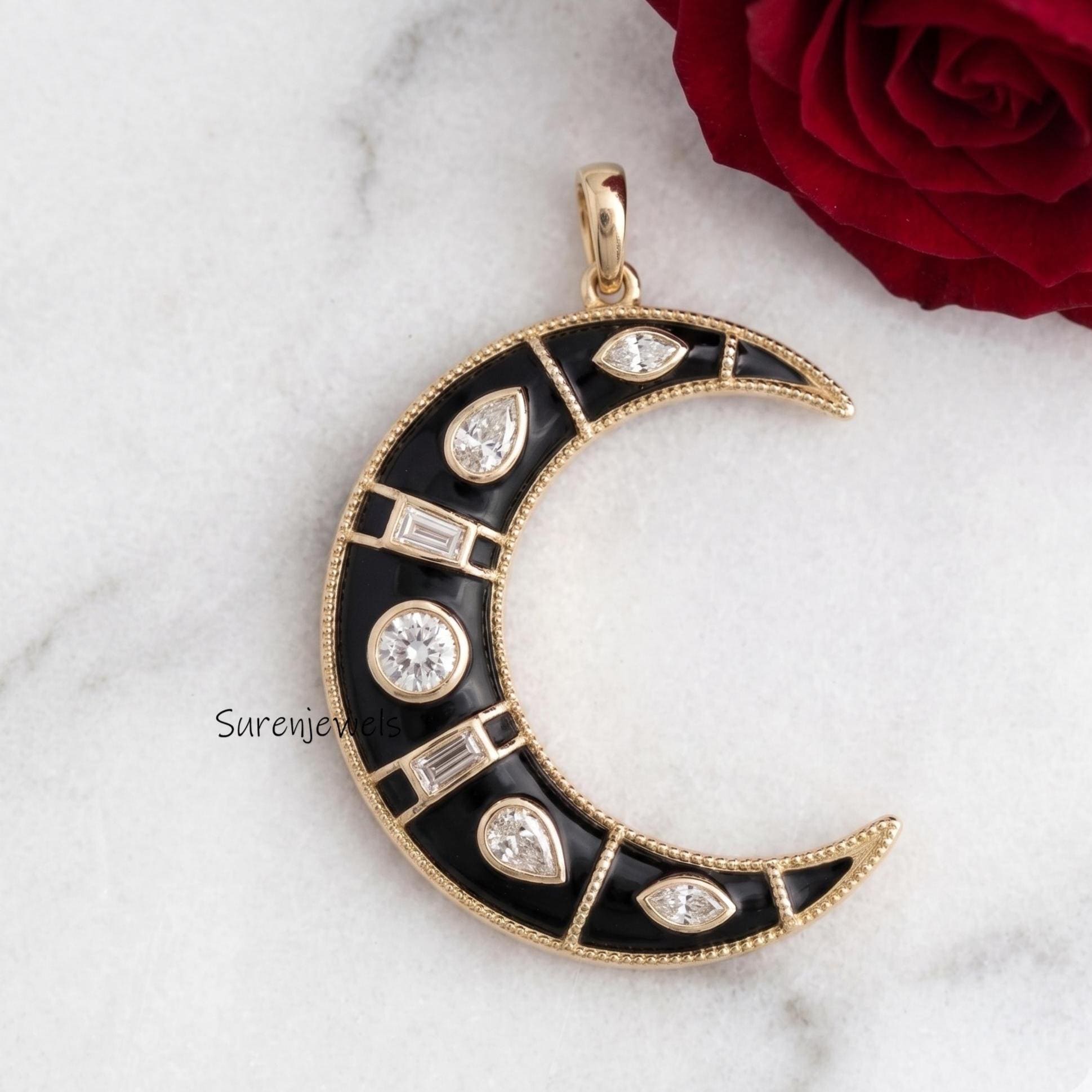 14k Gold Gemstone Half Moon Pendant, Gemstone Crescent Half Moon Pendant, Handmade Designer Half Moon Pendant - View 3 - Sure
