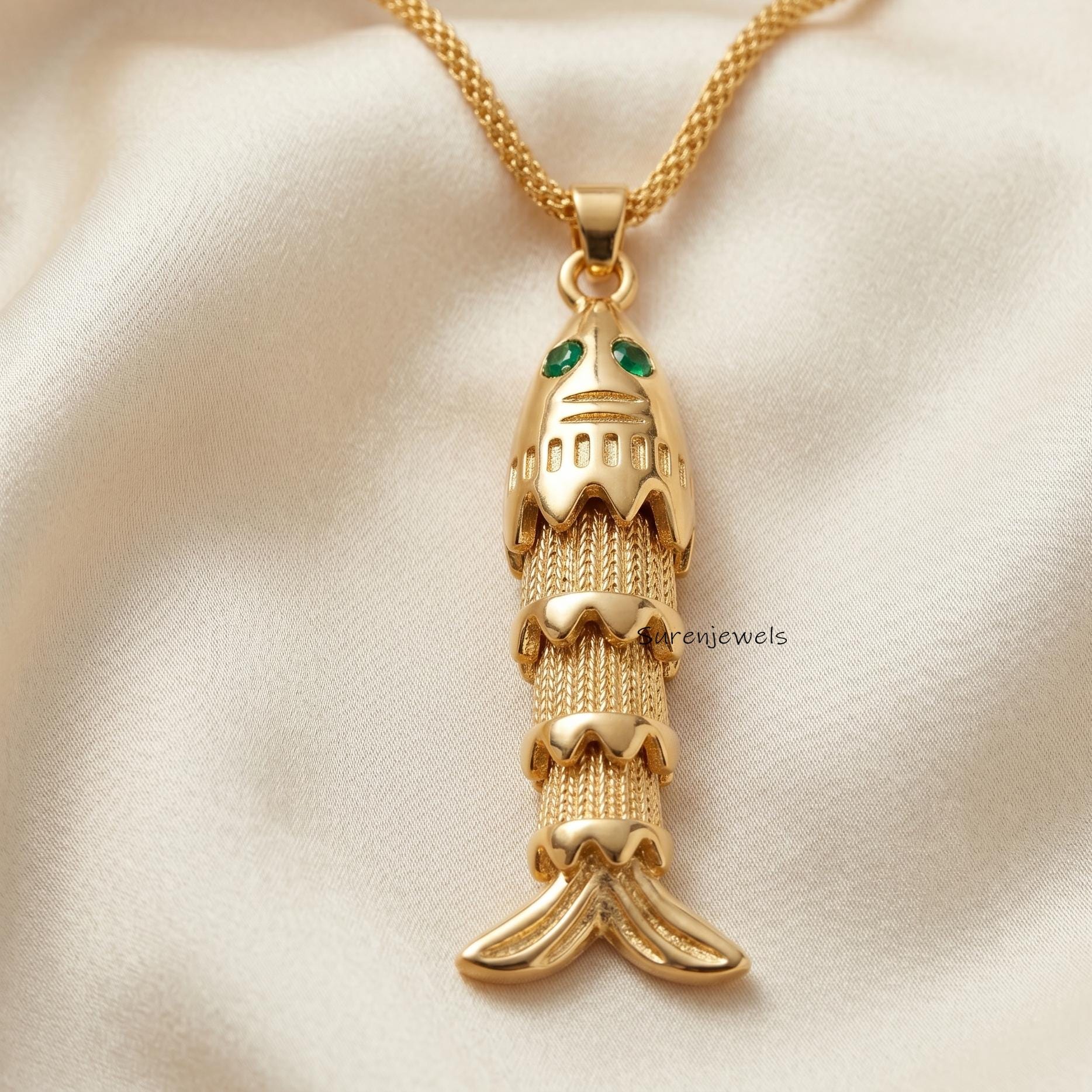 14k Gold Moveable Fish Pendant: Multi Stone Fish Pendant - Suren Jewels | SKU: SJP6187-SLYGRUCZ-30M