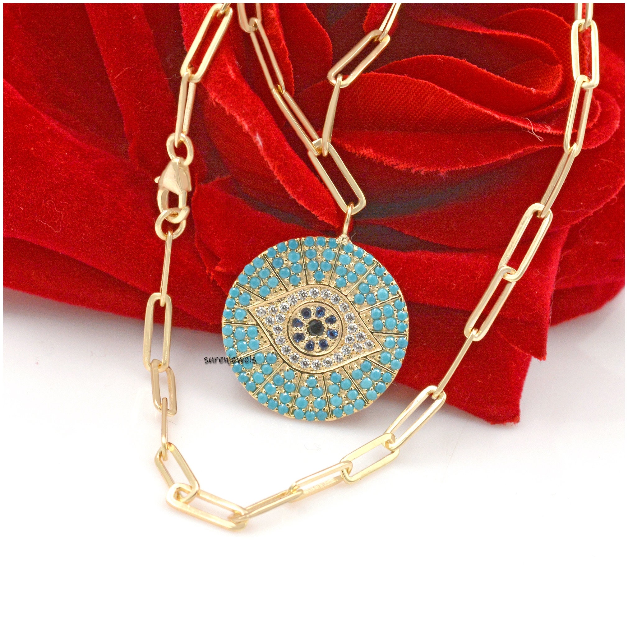 14k Gold Vermeil Turquoise Evil Eye Pendant: Cubic Zircon Pave - View 2 - Suren Jewels | SKU: SJN688-SLYGCZBSPBSTQ-18I