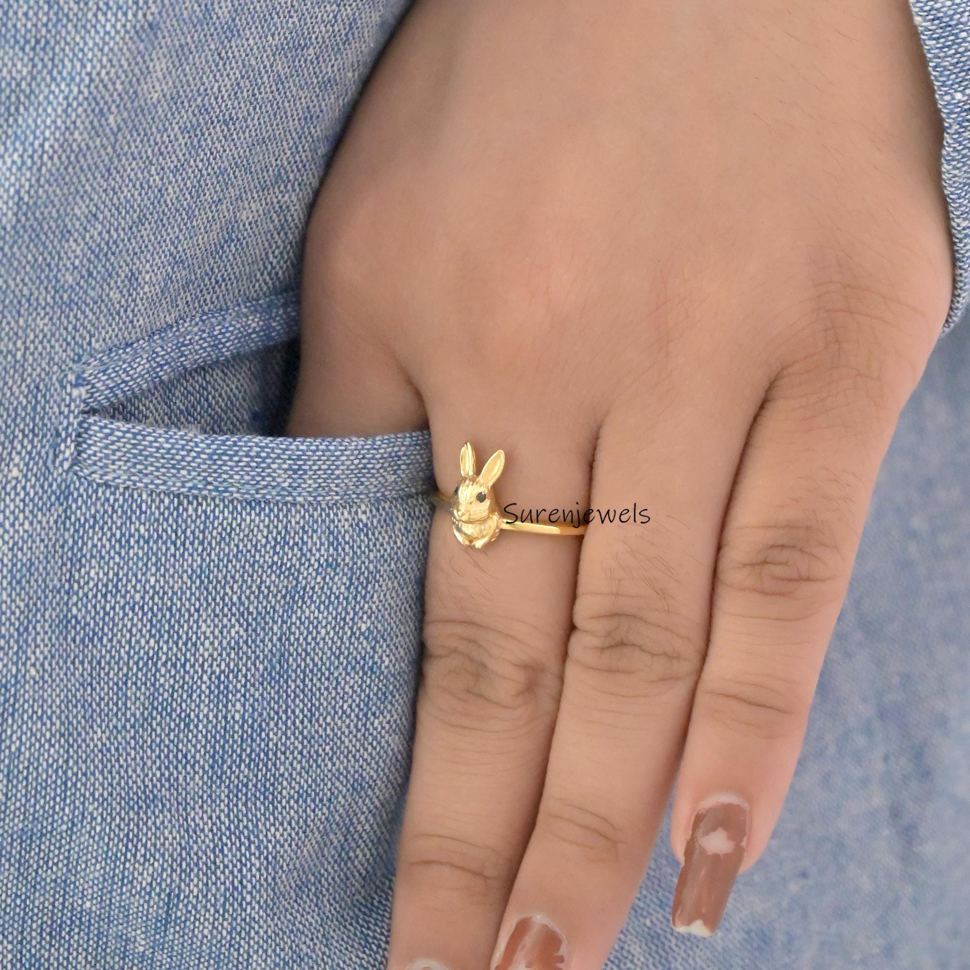 14K Solid Gold Rabbit Ring: Handmade Lucky Bunny Jewelry - View 5 - Suren Jewels | SKU: SJR2881-SLYGBKCZ-US-7,SJR2882-SLRH-US