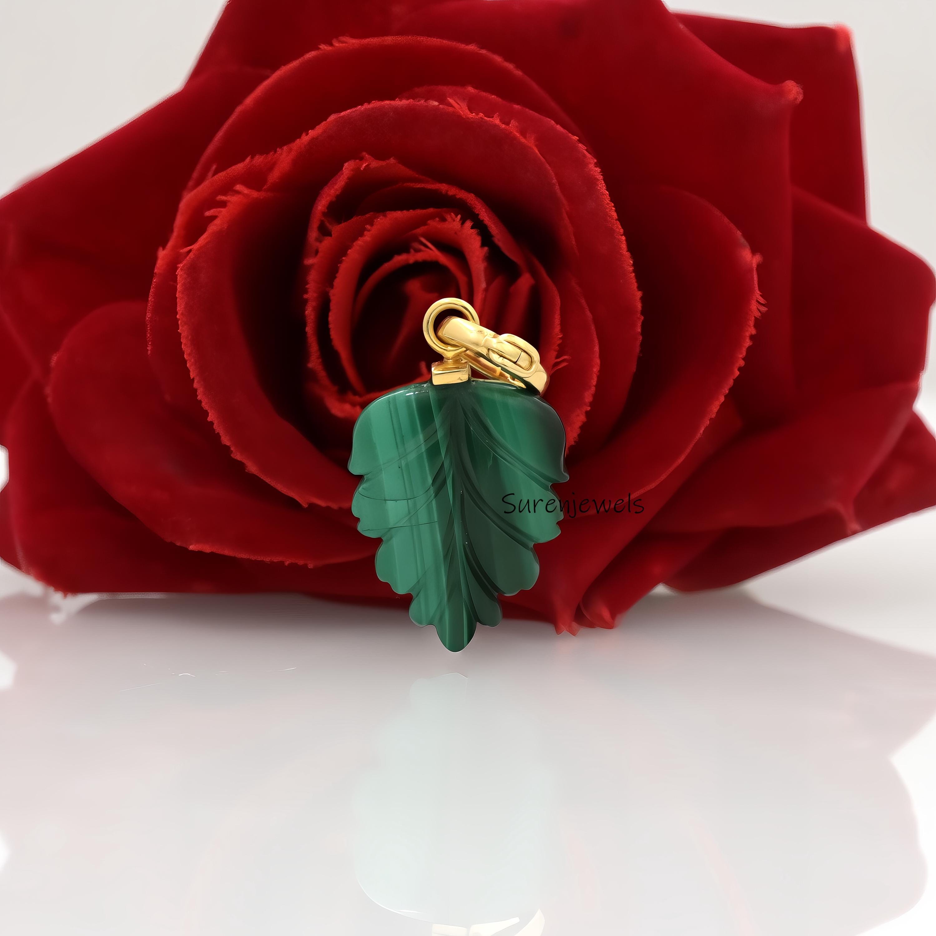 14k Gold Carved Gemstone Leaf Pendant, Turquoise Leaf - View 2 - Suren Jewels | SKU: SJP3867-SLYGGORUCZ-34M