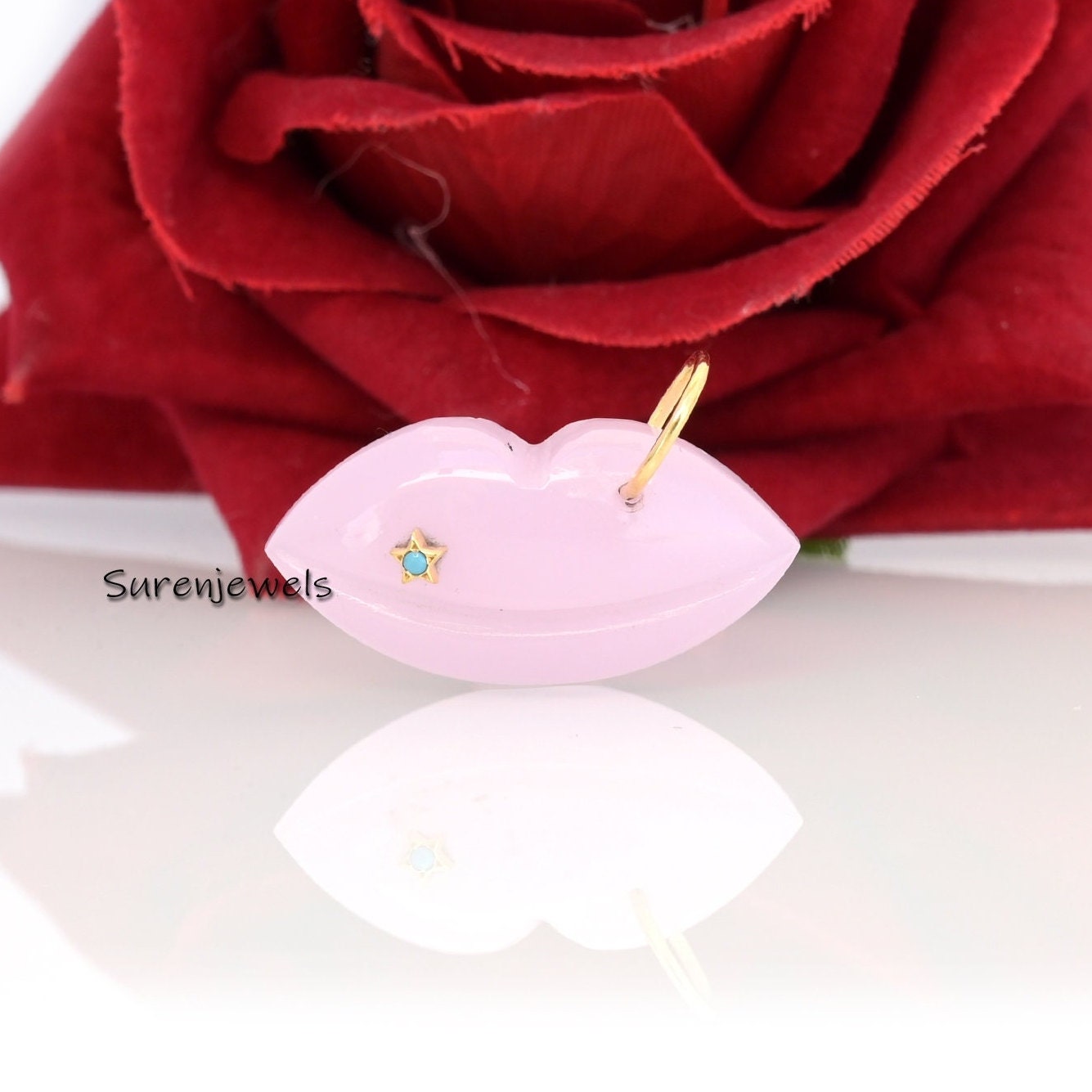 14K Gold Turquoise Lips Pendant: Gemstone Carving, Handmade Jewelry - View 2 - Suren Jewels | SKU: SJP1618-SLYGOCRTQ