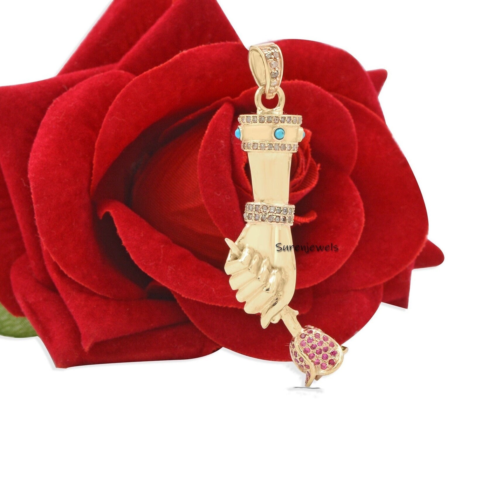 925 Silver Figa Pendant: Diamond, Ruby & Turquoise Gemstone Charm - View 5 - Suren Jewels | SKU: SJP24-SLYGDITQRU-N41-18I