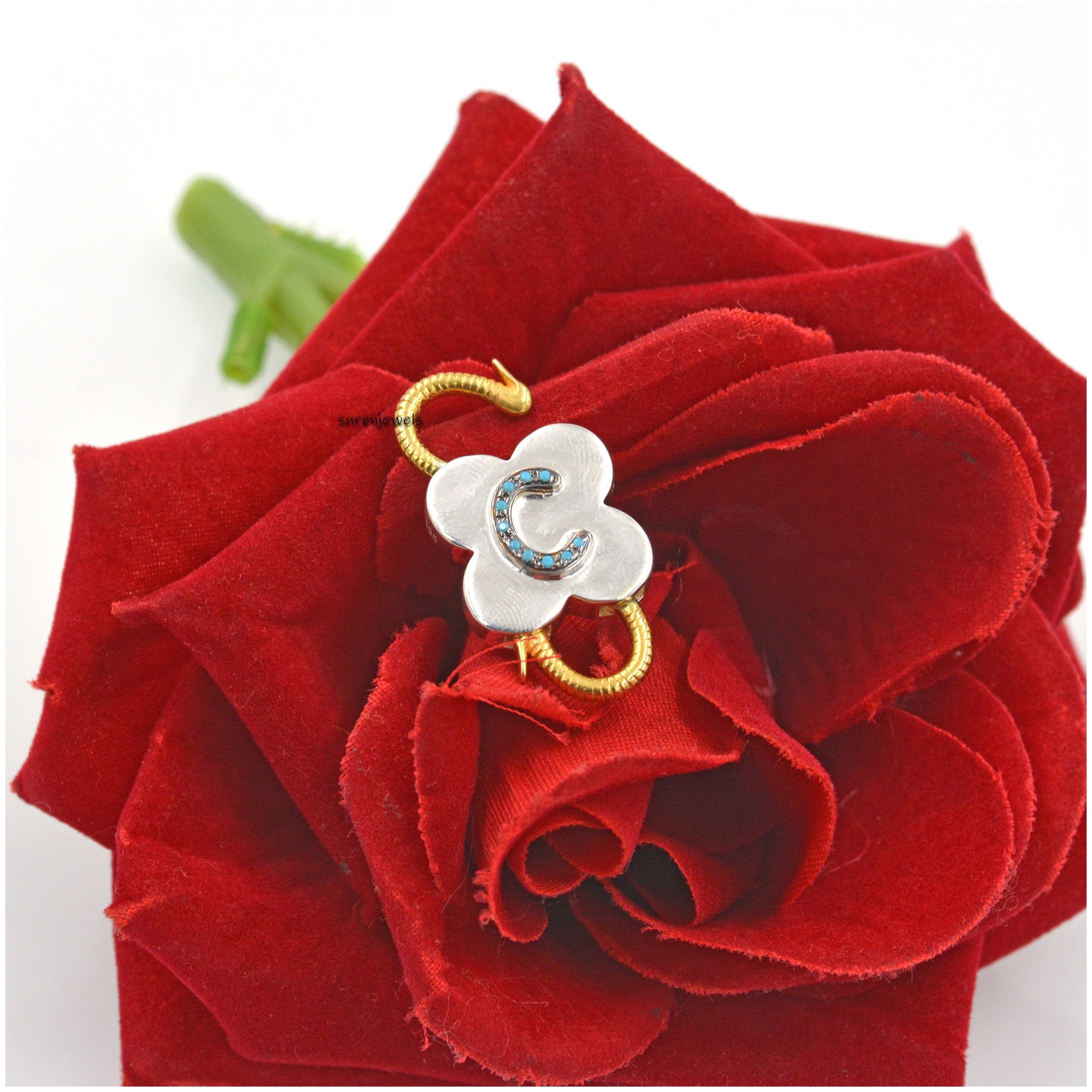 Two-Tone Diamond Initial 925 Silver Padlock Pendant - View 3 - Suren Jewels | SKU: SJP25-SLNSYGRHDI-L