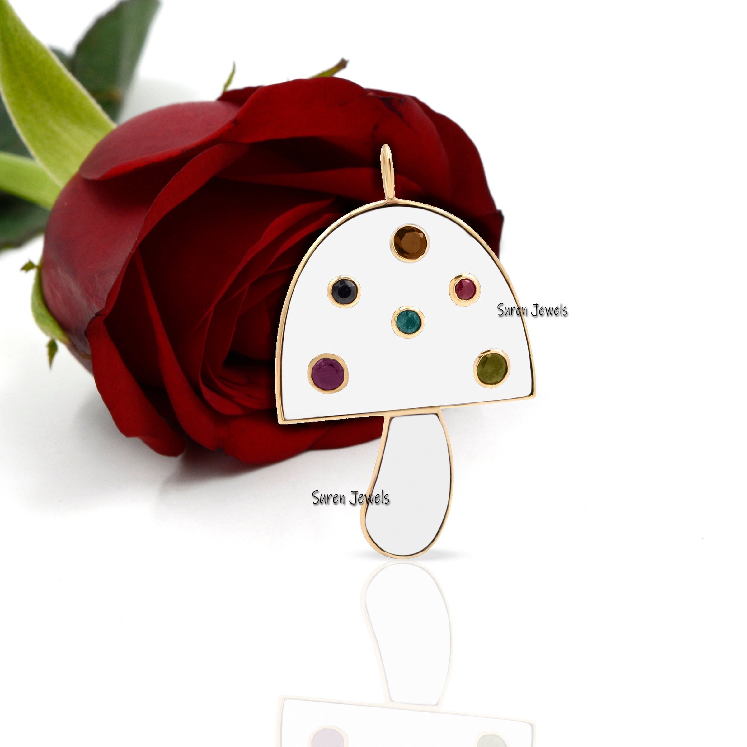 14k Gold Enamel Mushroom Pendant: Gemstone Charm (35x20 mm) - Suren Jewels | SKU: SJM30