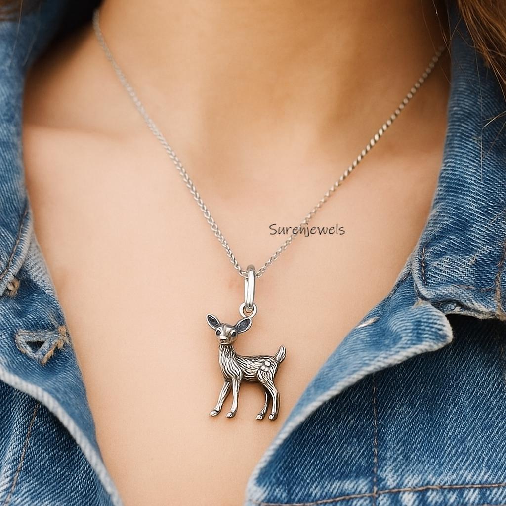 14k Gold Deer Charm Pendant, Silver Animal Jewelry - Suren Jewels | SKU: etsy_14k-gold-deer-charm-pendant-silver-a