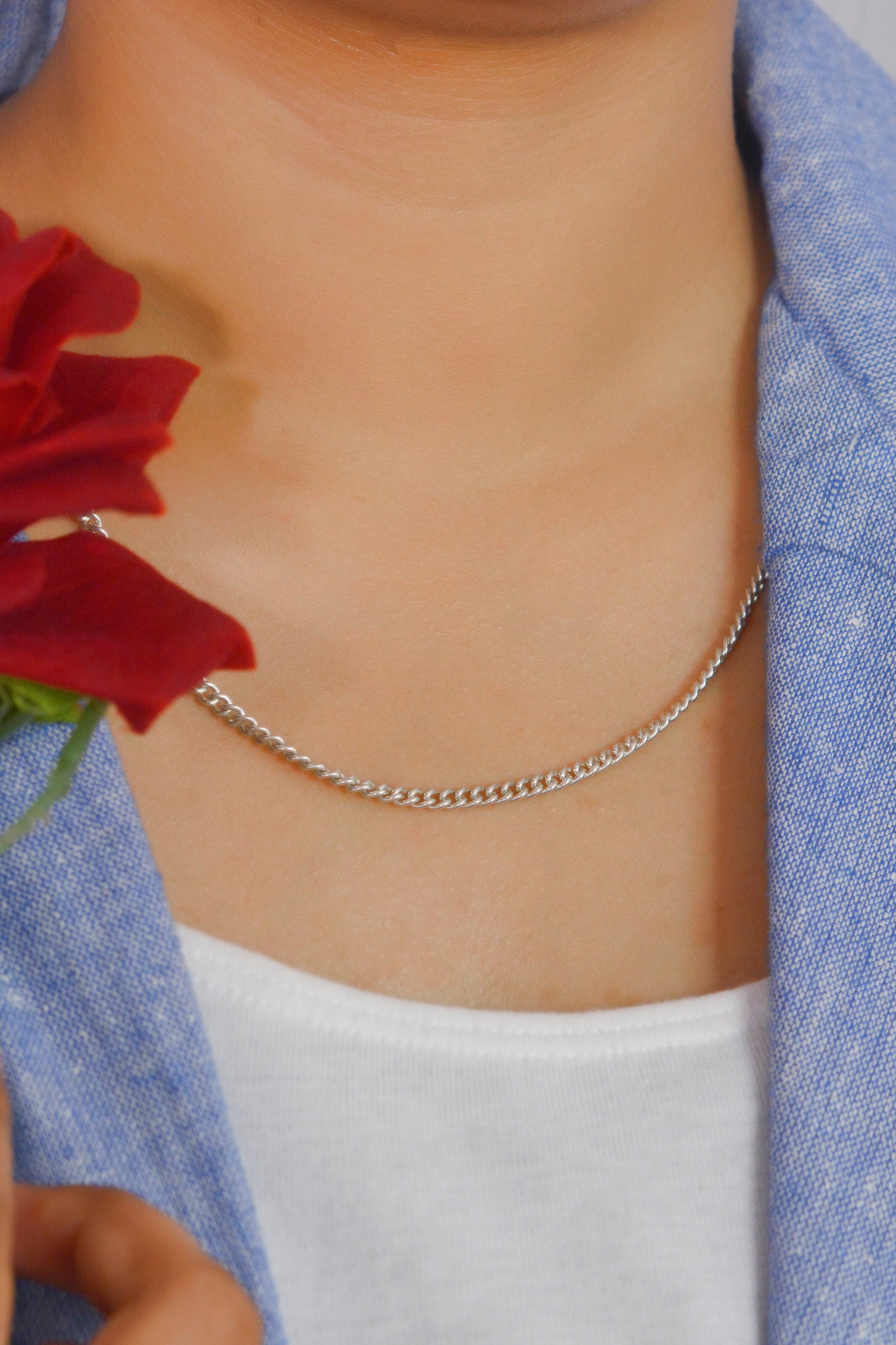 Sterling Silver 3mm Curb Chain Necklace: Carabiner Lock Jewelry - View 5 - Suren Jewels | SKU: SJN234/G17-SLOX