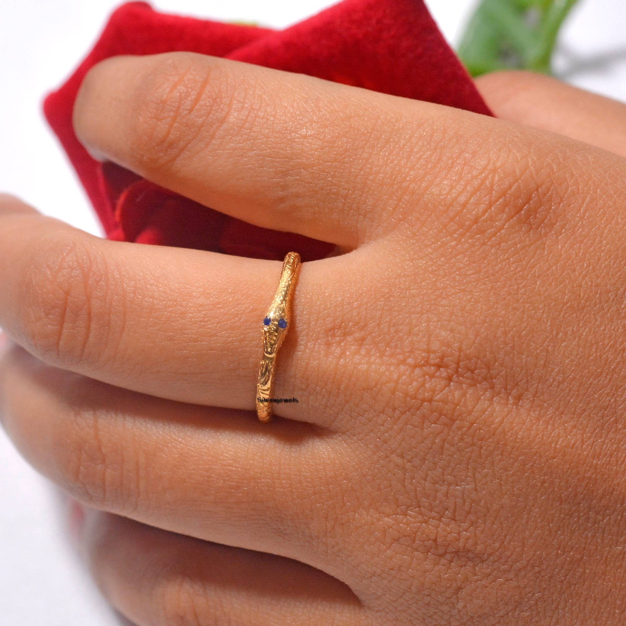 14k Solid Gold Ouroboros Snake Ring: Gemstone Serpent Jewelry - View 3 - Suren Jewels | SKU: SJR912-SLYGTQ-US-5