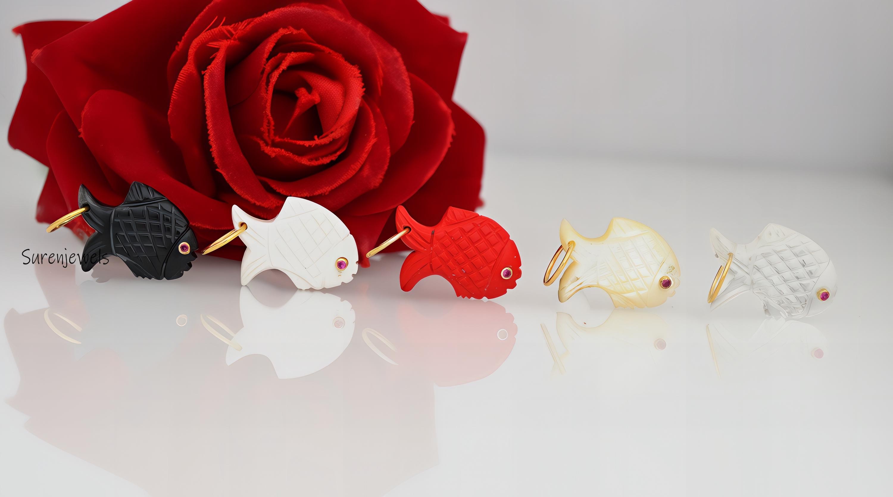 14k Gold Carving Gemstone Fish Pendant, Turquoise Lucky Fish - View 2 - Suren Jewels | SKU: SJP4384-SLYGRCRRUCZ-30M