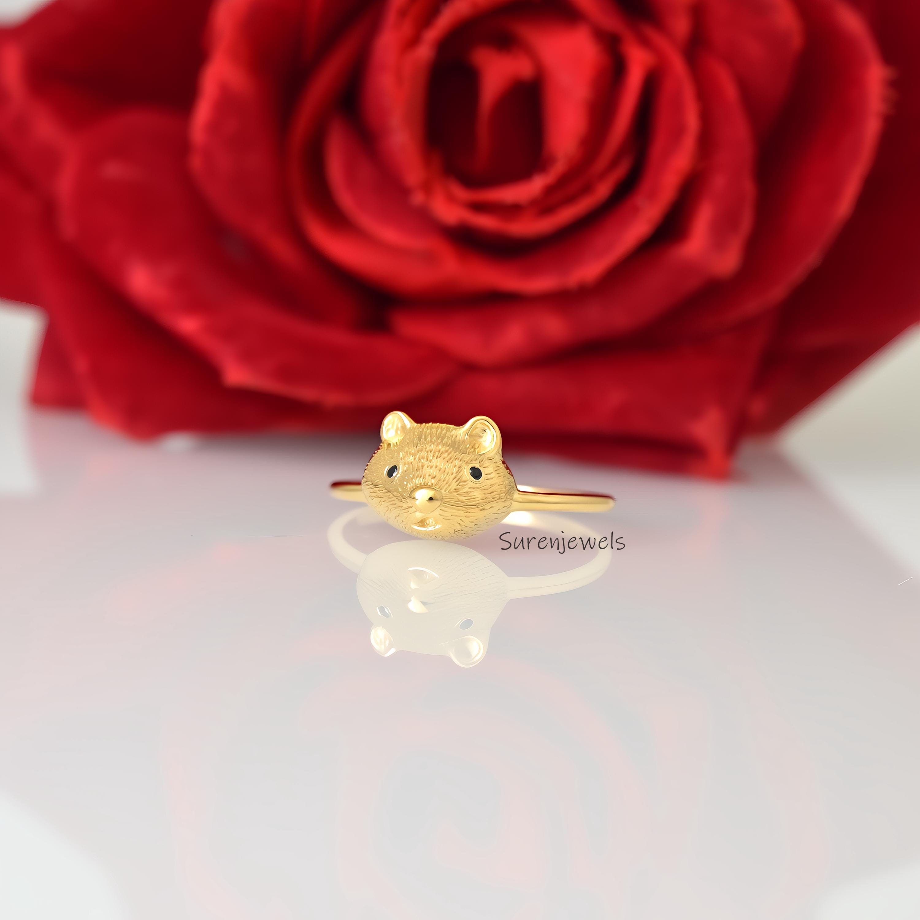 14k Gold Hamster Ring: Dainty Animal Jewelry - View 2 - Suren Jewels | SKU: SJR,SJR3028-SLYGBKCZ-US-10,SJR3035-SLYG-US-5
