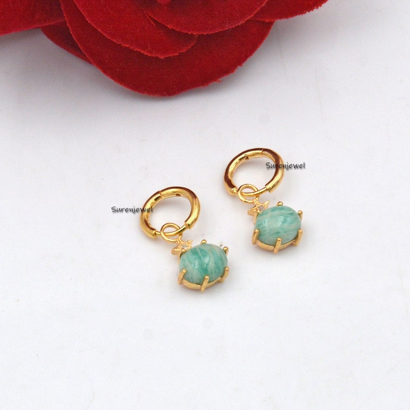 Silver Turquoise Dangle Hoop Earrings: Gemstone Charm Huggies - Suren Jewels | SKU: SJE939-SLYGDITE