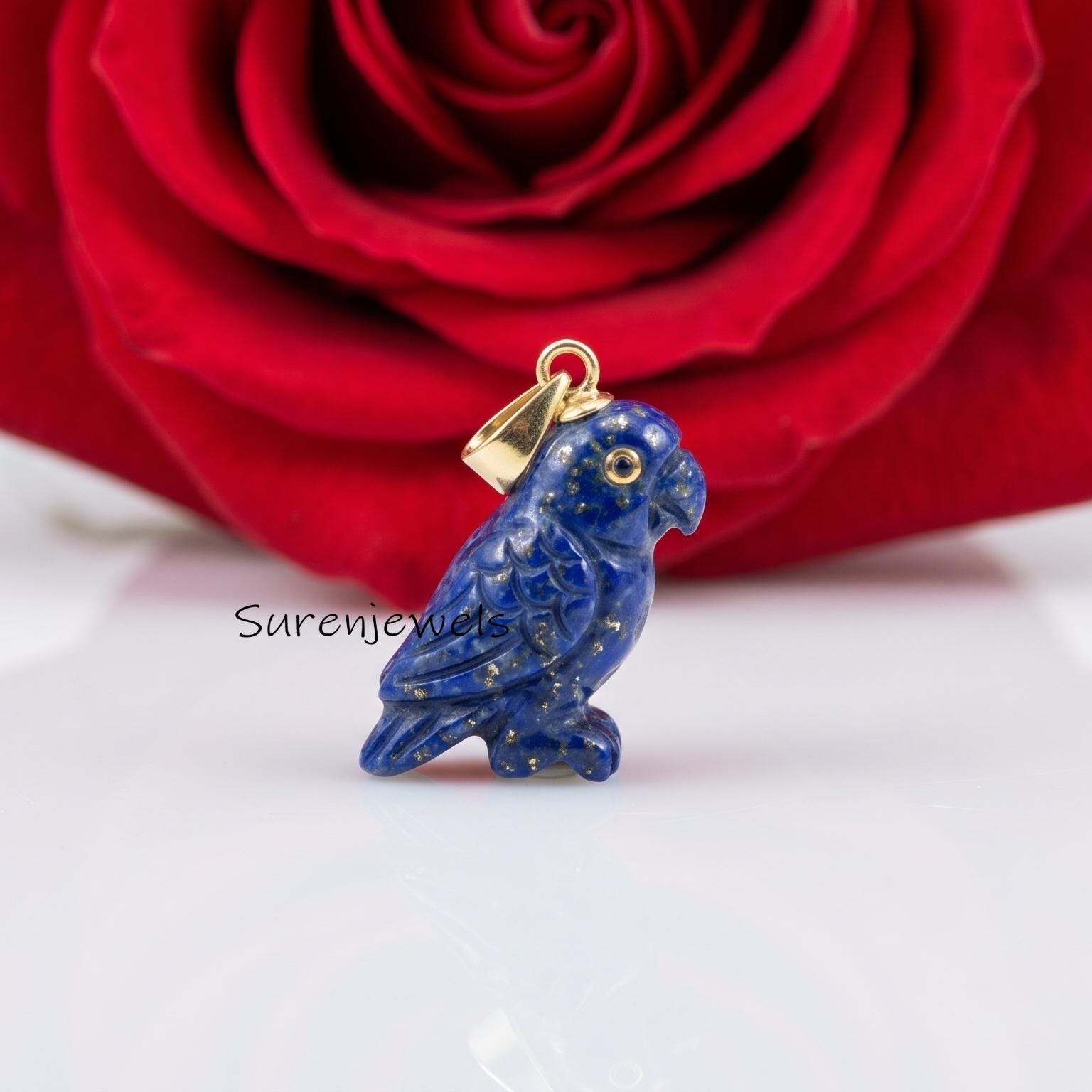 925 Sterling Silver Lapis Lazuli Parrot Pendant, Hand Carved Bird Necklace, Blue Gemstone Animal Jewelry, Parrot Lover Gift -